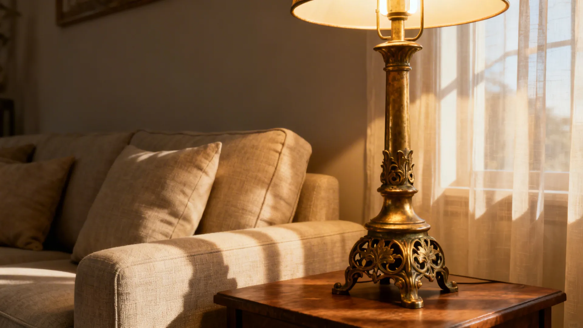Neutral sofa paired with a statement antique brass table lamp on a side table, showing proper scale.