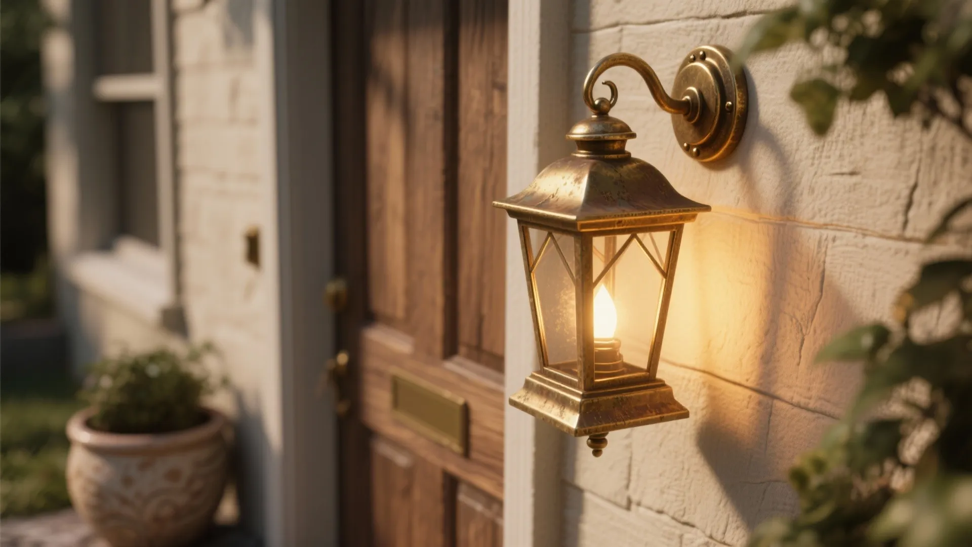 Classic brass wall light fixture mounted on white brick wall beside a wooden front house door