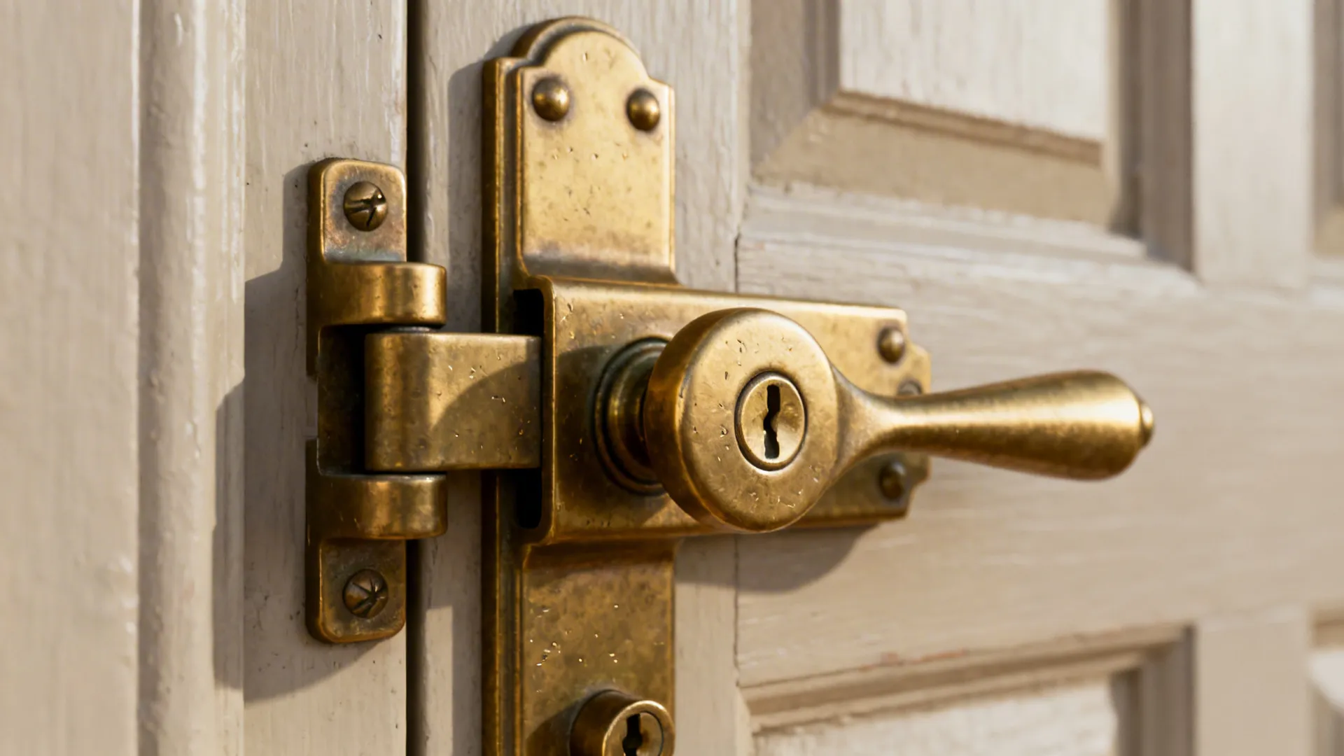 Close-up of an unlacquered antique brass cabinet latch with gentle patina.