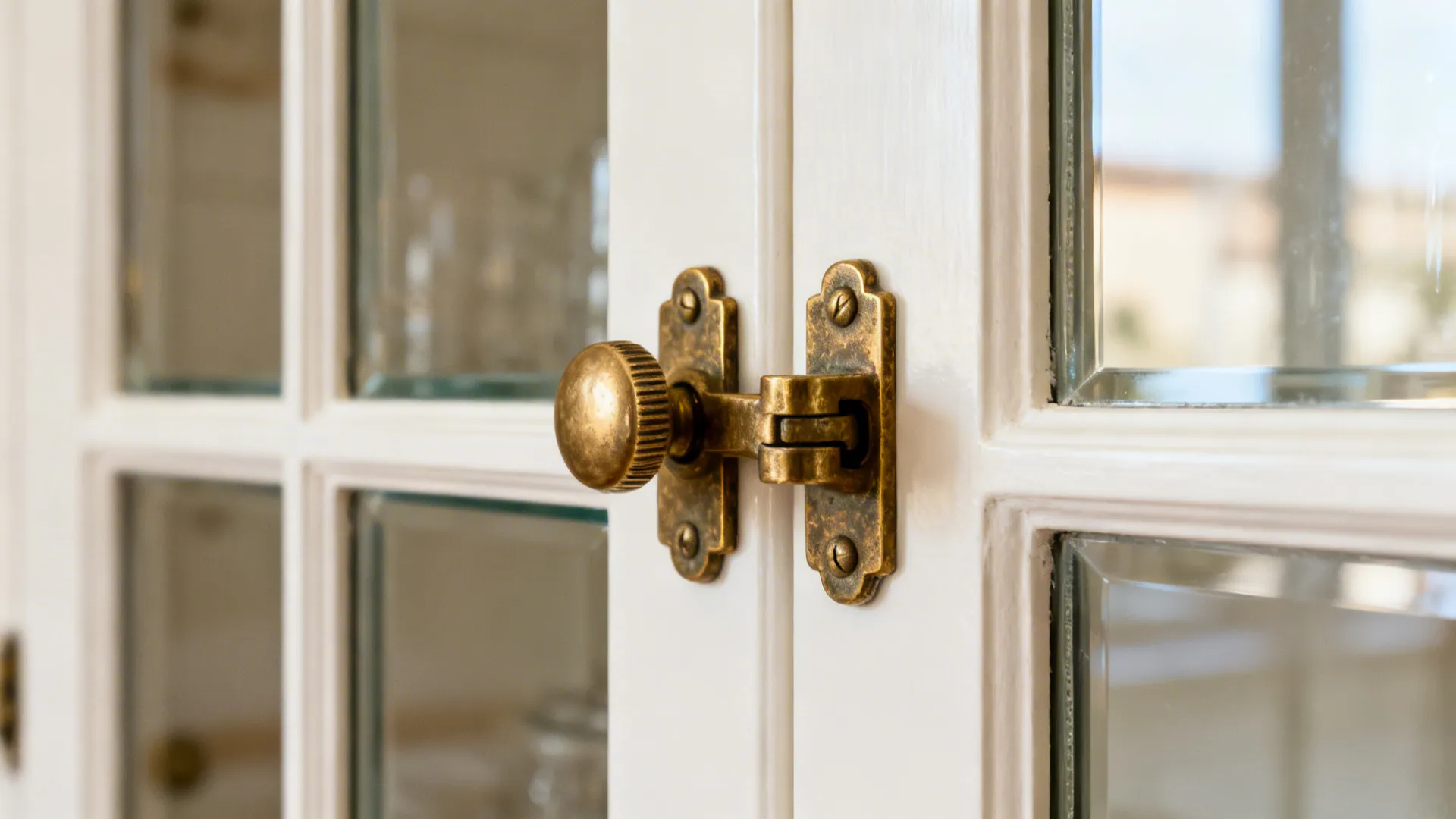 Close-up of an antique brass latch on a warm white glazed cabinet door.