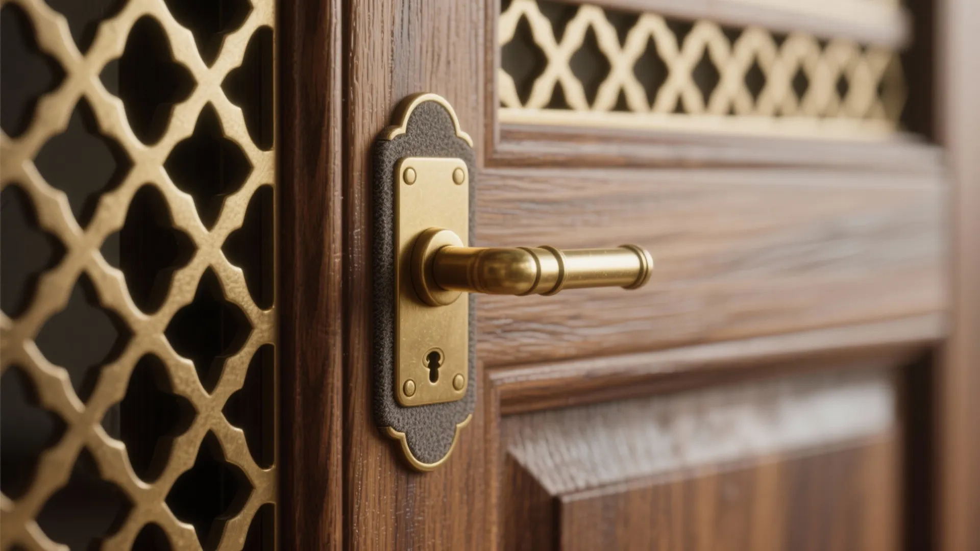 Traditional solid wood doors with brass lattice inserts