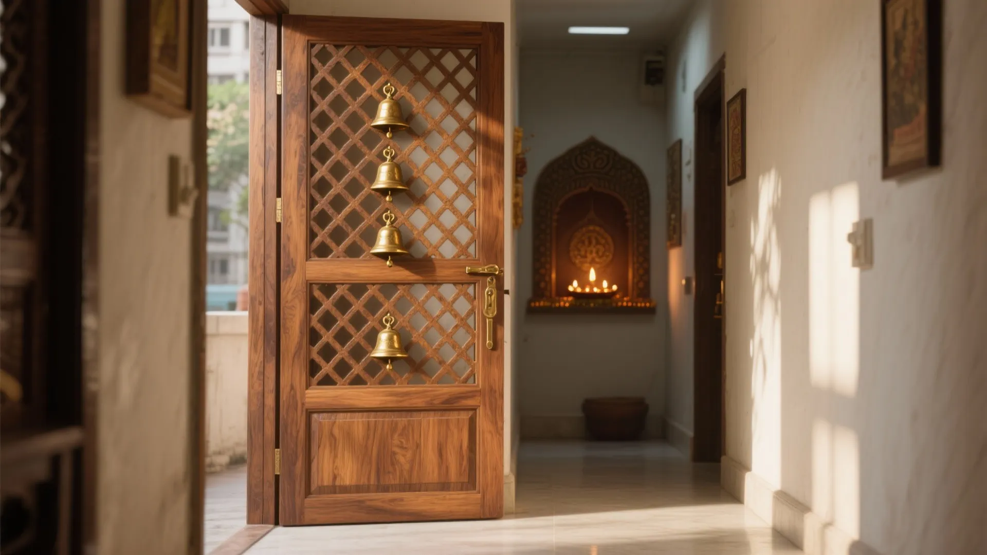 Brass-latticed wood doors with bell accents
