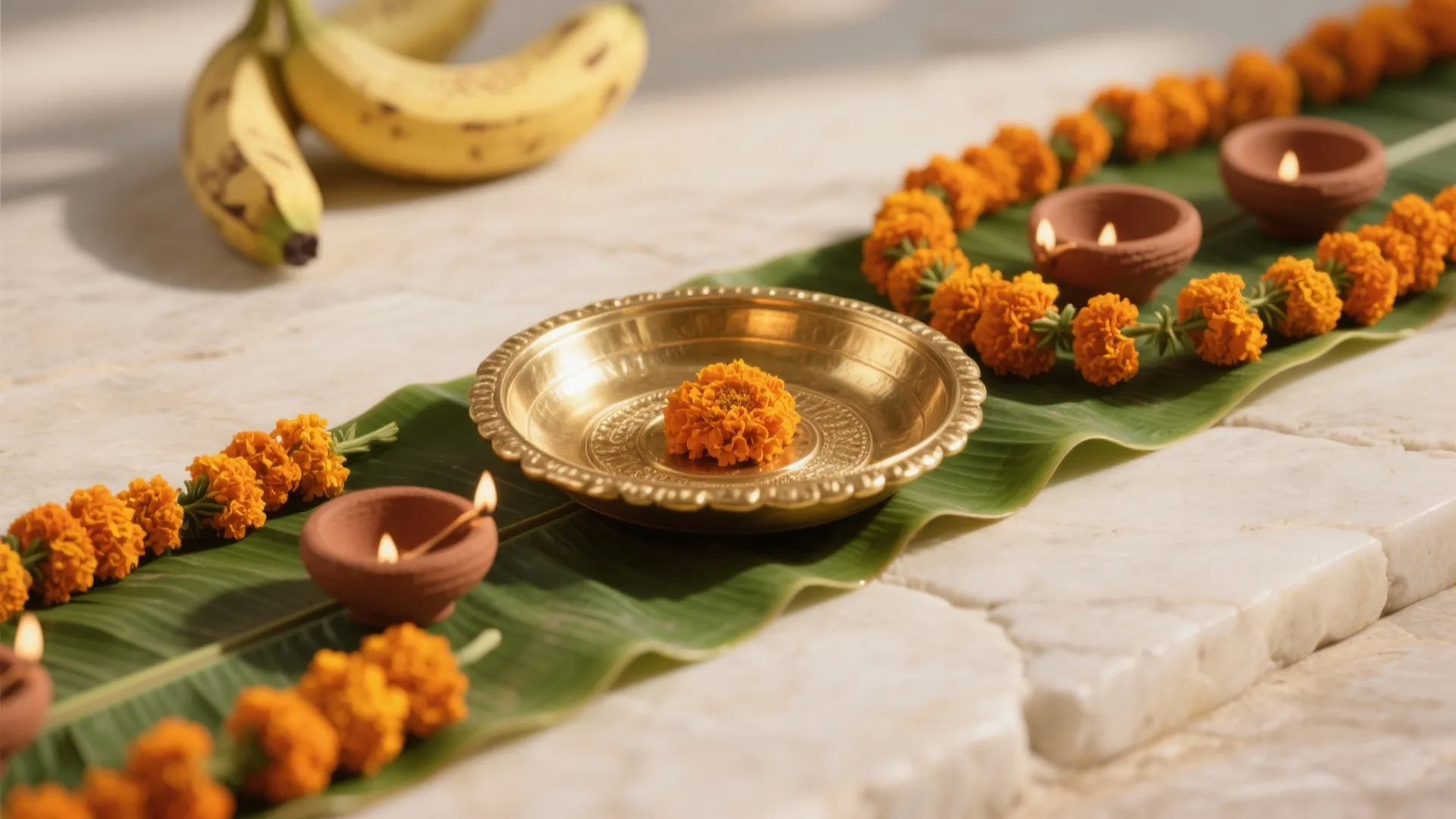 Brass bowl with orange flower on banana leaf near small clay lights and orange garlands