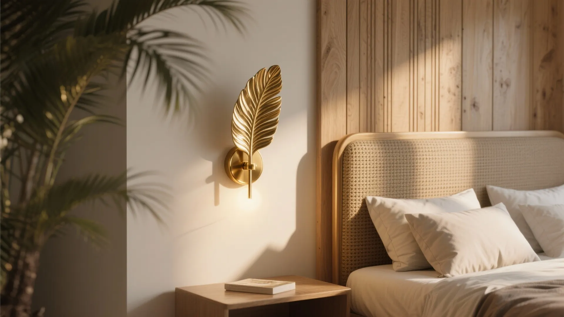 Golden leaf shaped wall light mounted beside bed with white pillows and wood wall panel