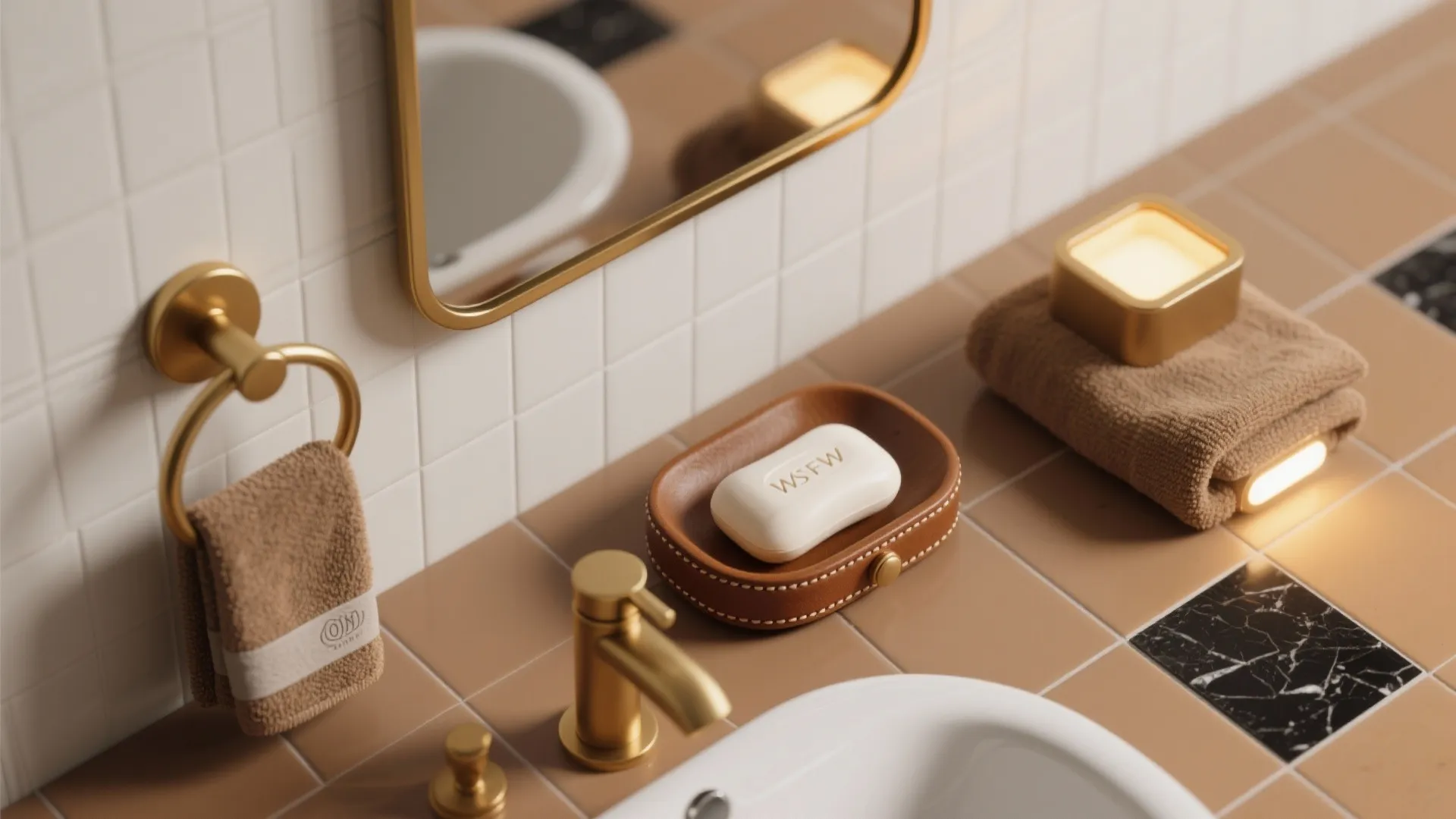 5. Accent lighting and accessories in brass or leather