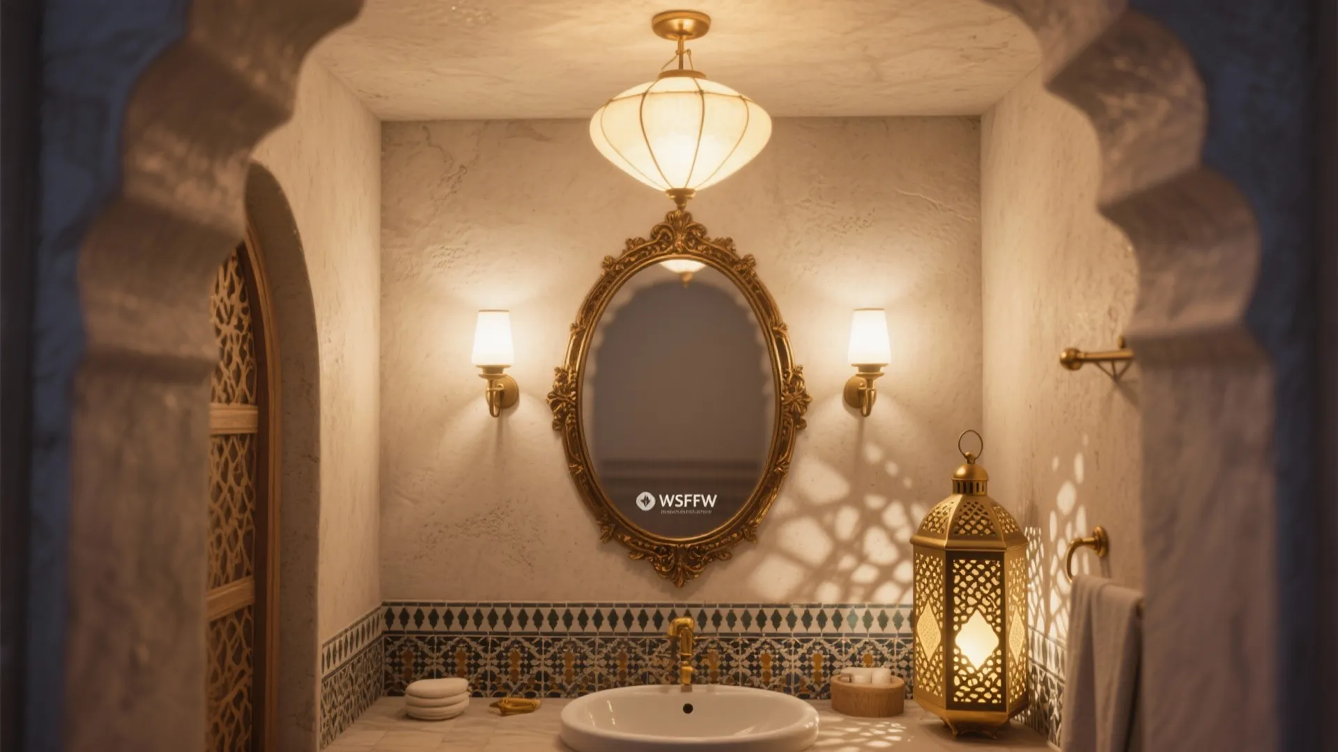 4) Brass, pierced lanterns, and flattering mirrors