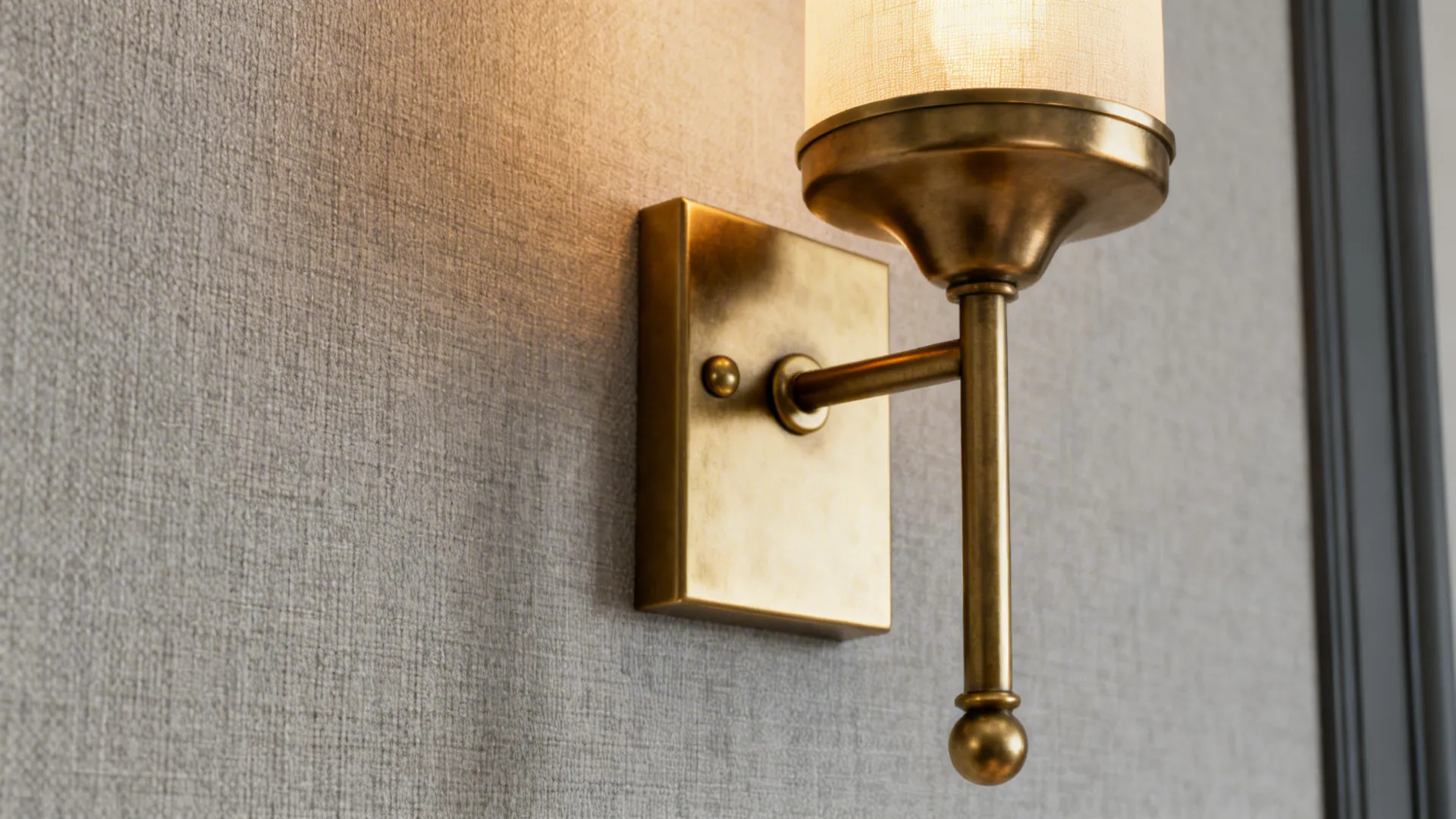 Brushed brass fixture and warm lighting against light grey wall and dark trim