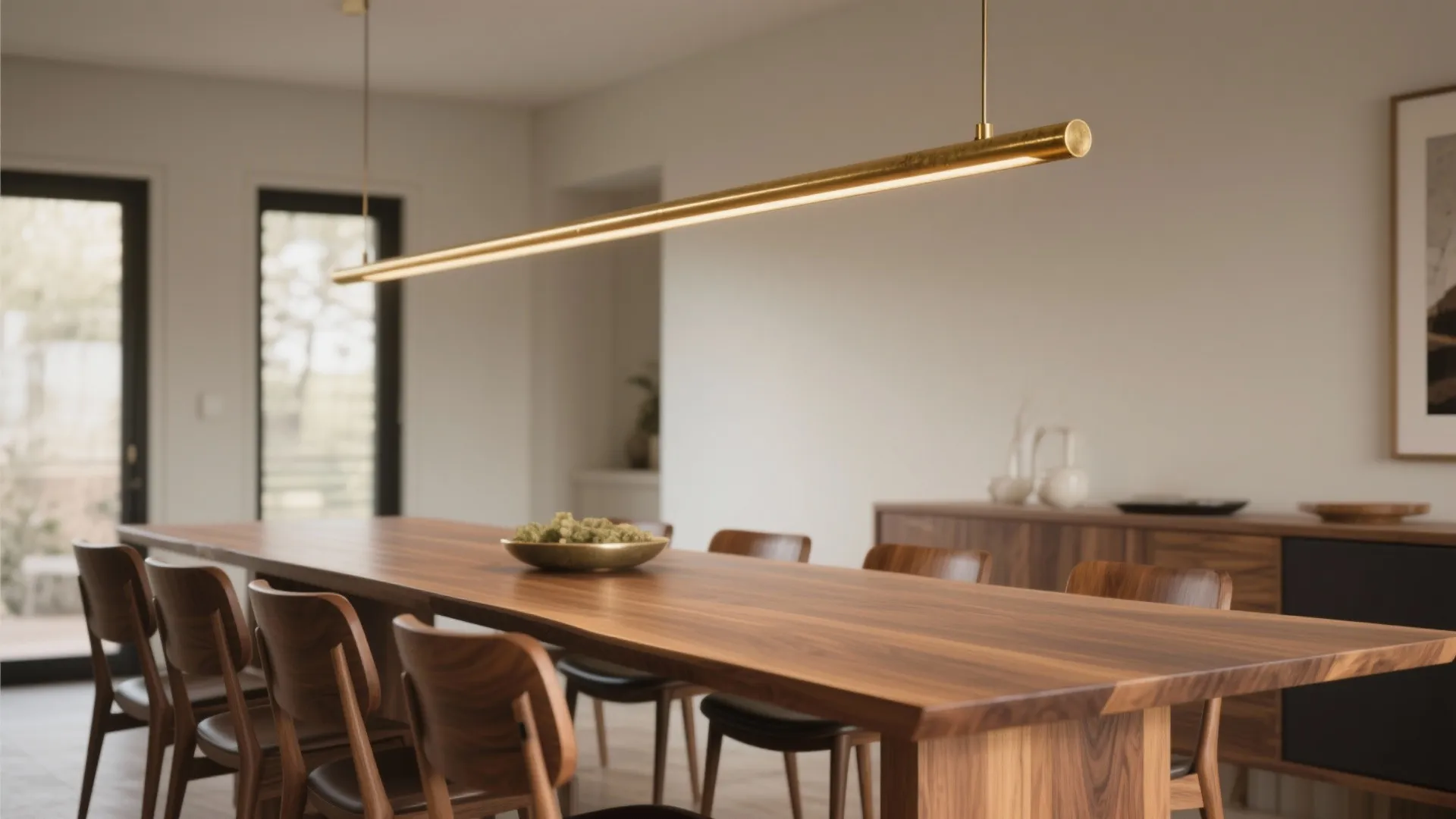 Modern dining room with long wooden table dark wood chairs and brass linear ceiling light