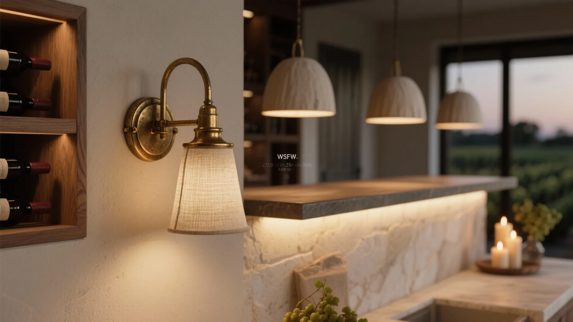Brass wall light with linen shade illuminating a kitchen bar with stone wall and candles