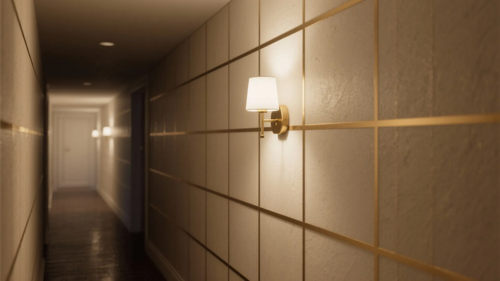 Long hallway with white wall panel design gold metal lines and small white wall light