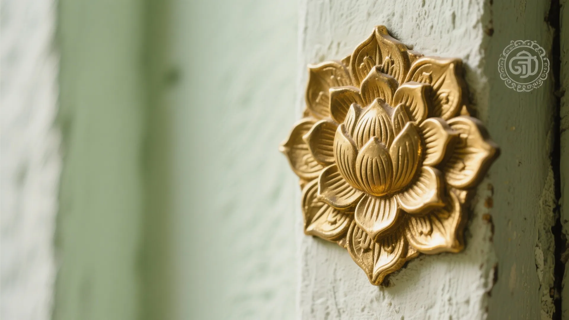 Golden flower metal wall decoration attached to a white textured surface under soft natural lighting