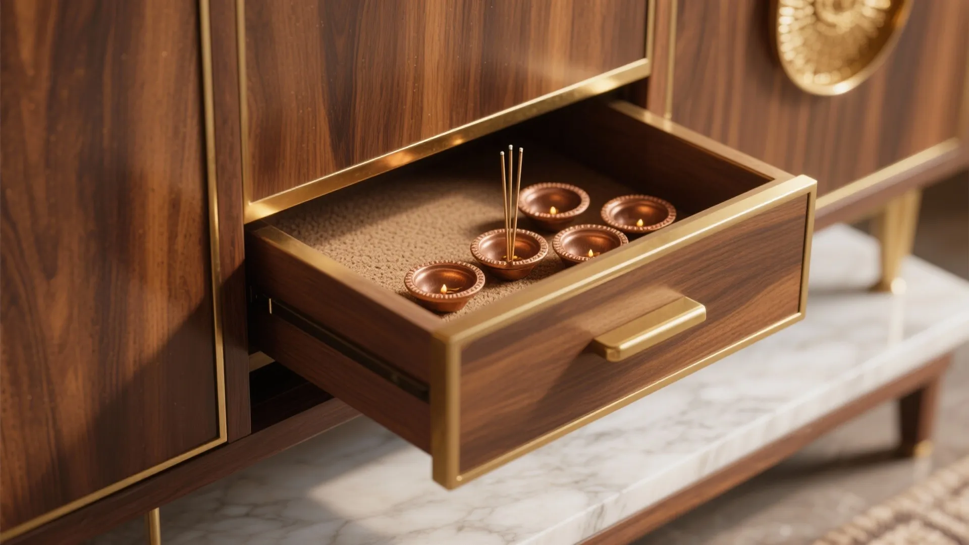 4) Warm wood and brass pooja cupboard with modular drawers