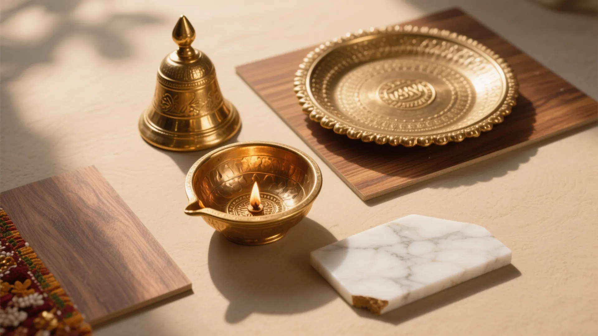 Brass, bell-metal, and marble accents for warmth and gravitas