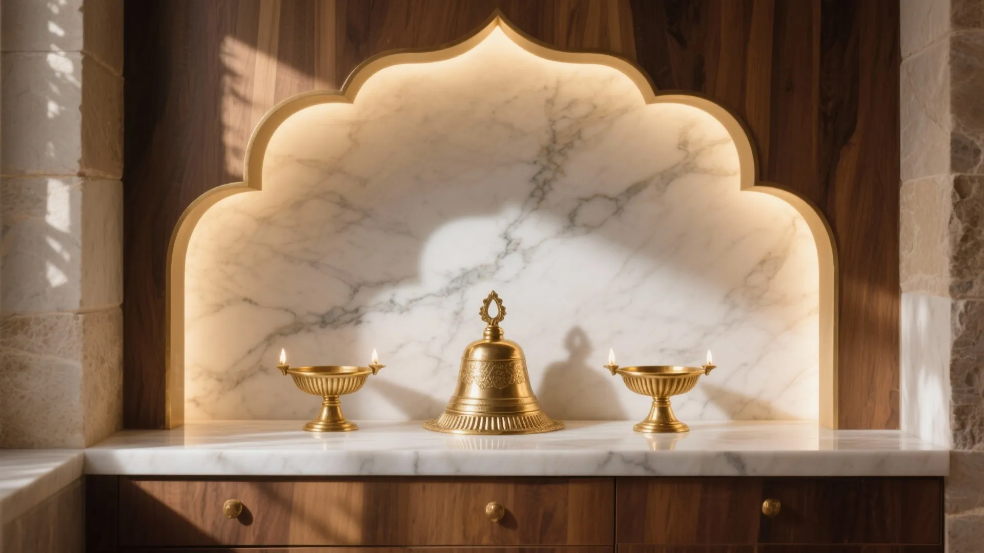 Brass diyas on a white marble ledge with a fluted textured backdrop, softly glowing in a modern pooja niche.