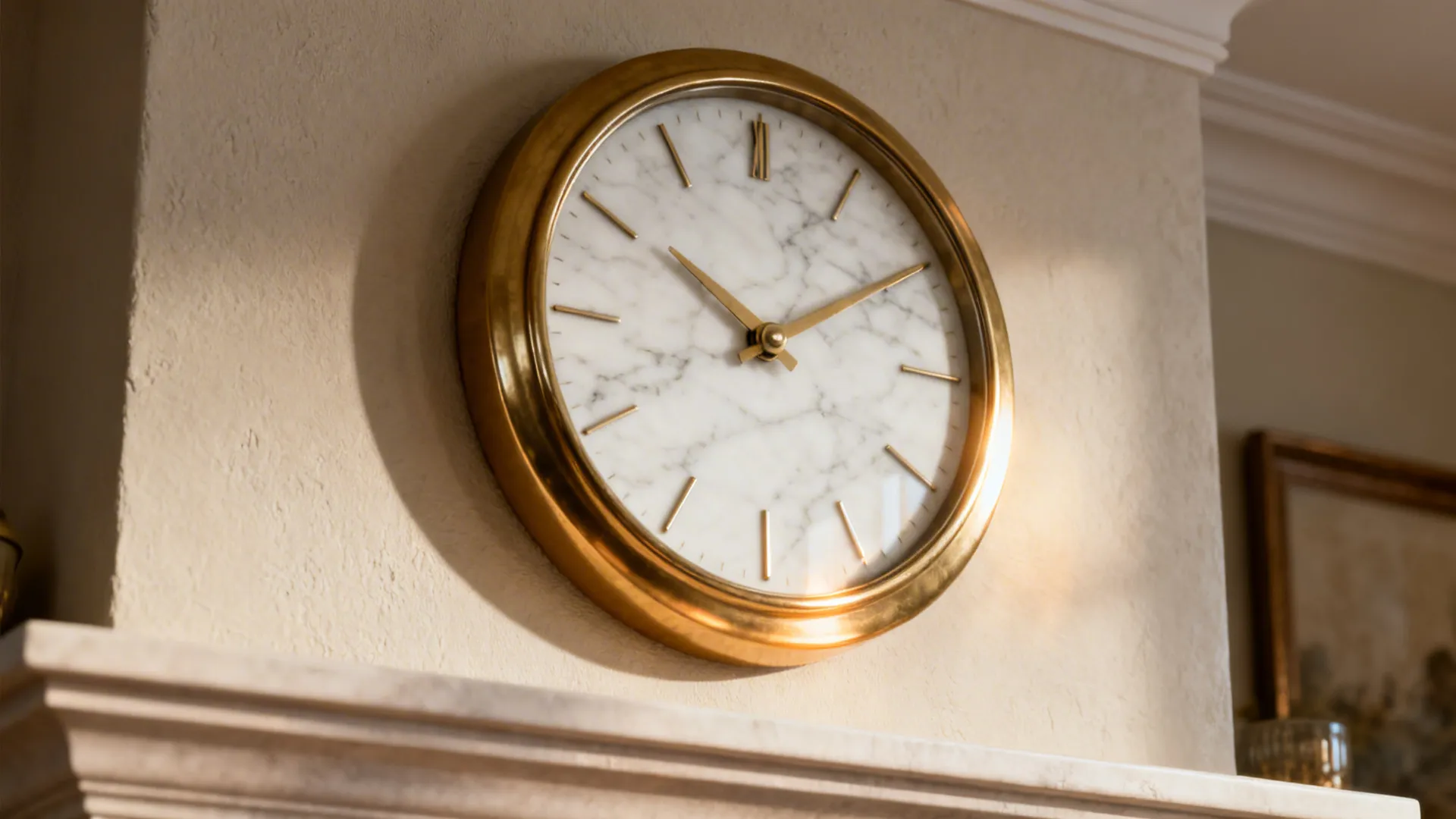 Close-up of a brass bezel and marble-faced luxury wall clock on a mantel, warm reflections