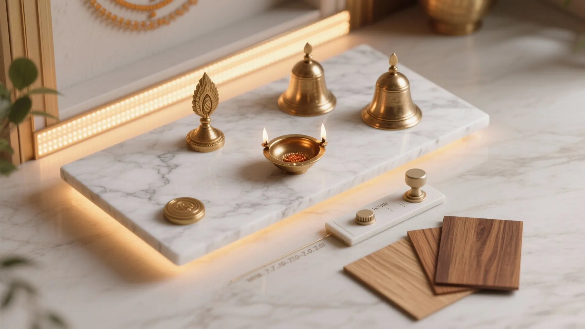 Light and material: brass, marble, and warm LEDs