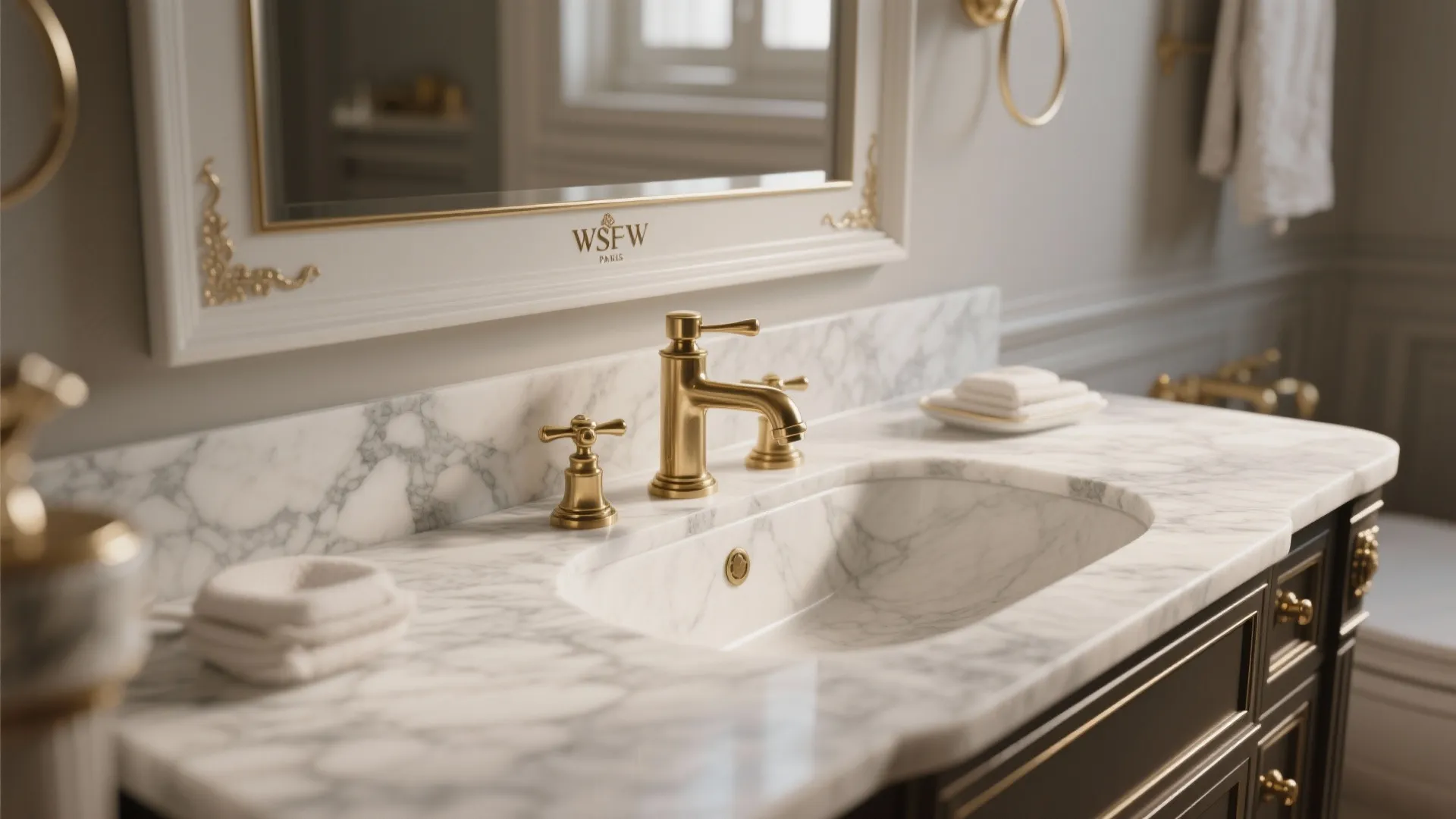 Modern marble bathroom counter with gold faucet and dark wood cabinet in a clean bathroom