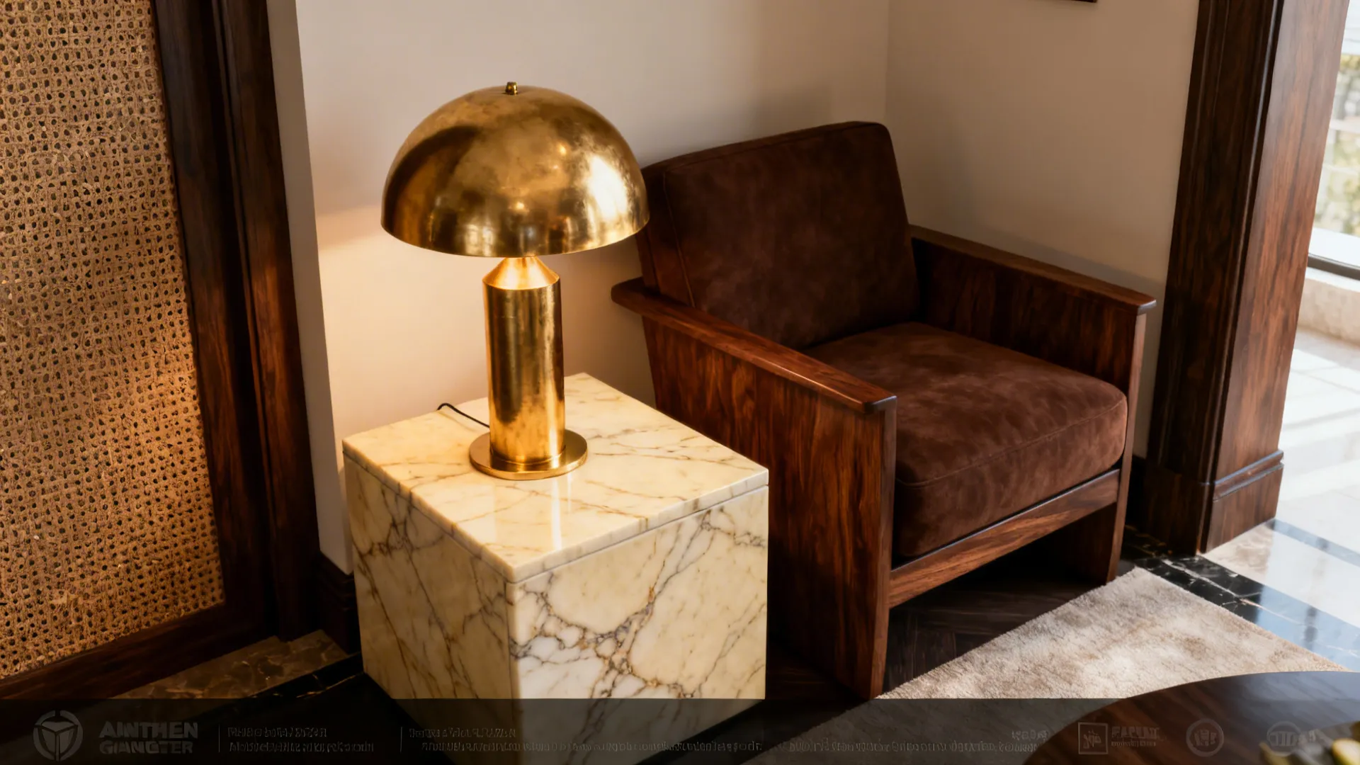 Brass table lamp on a marble side table paired with a walnut chair for a luxe contrast.