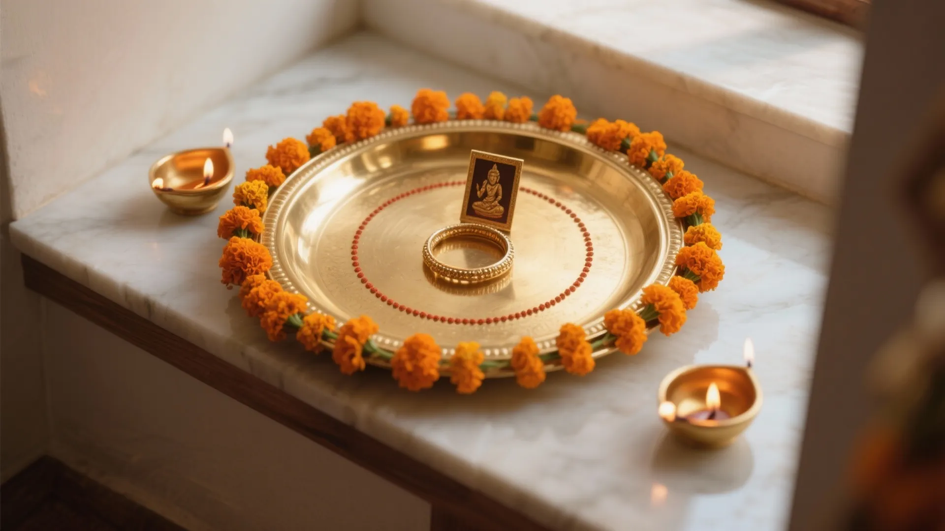 1) Minimal Brass Thali with Marigold Accents