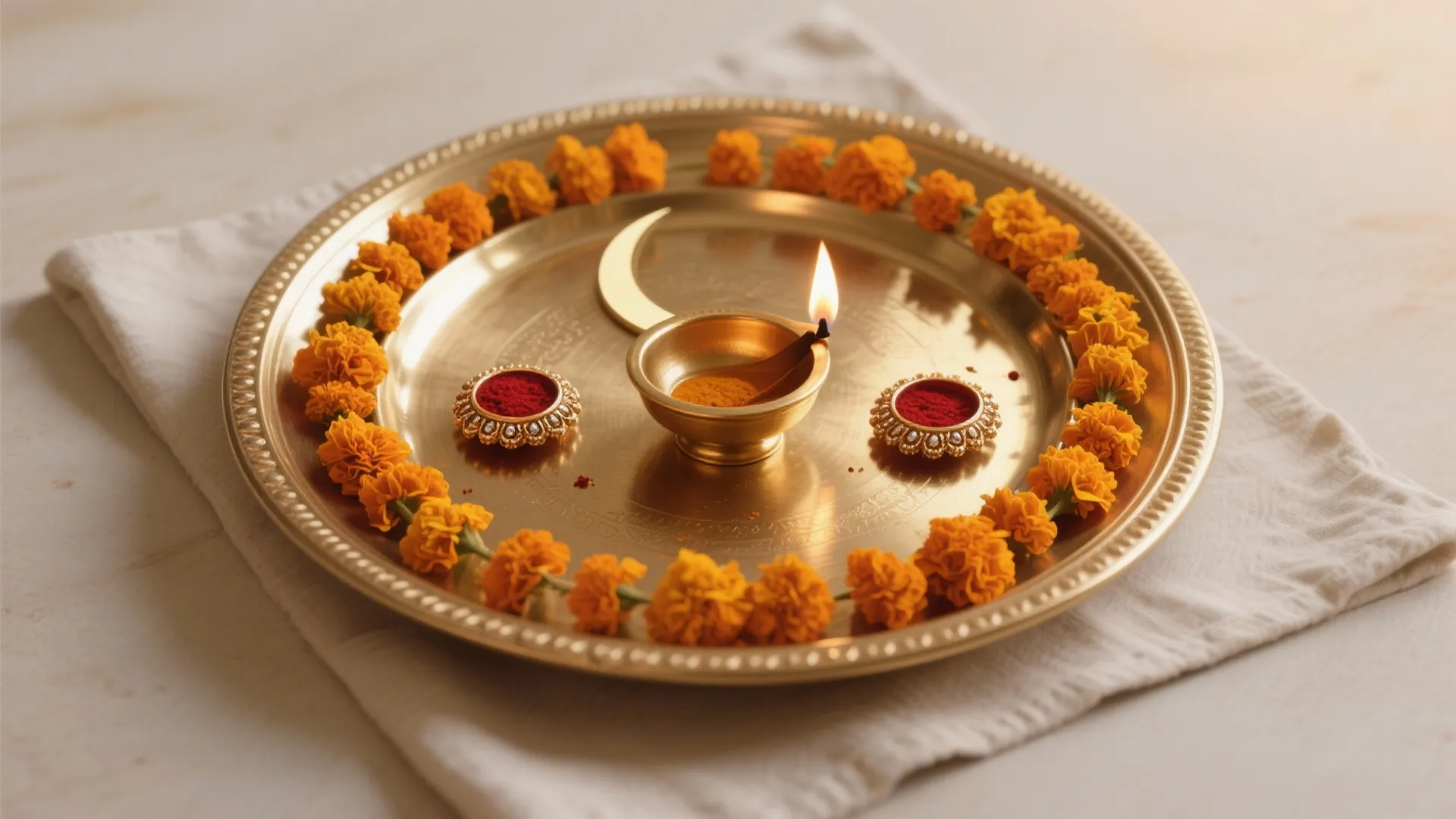 Minimalist Brass Thali with Marigold Symmetry