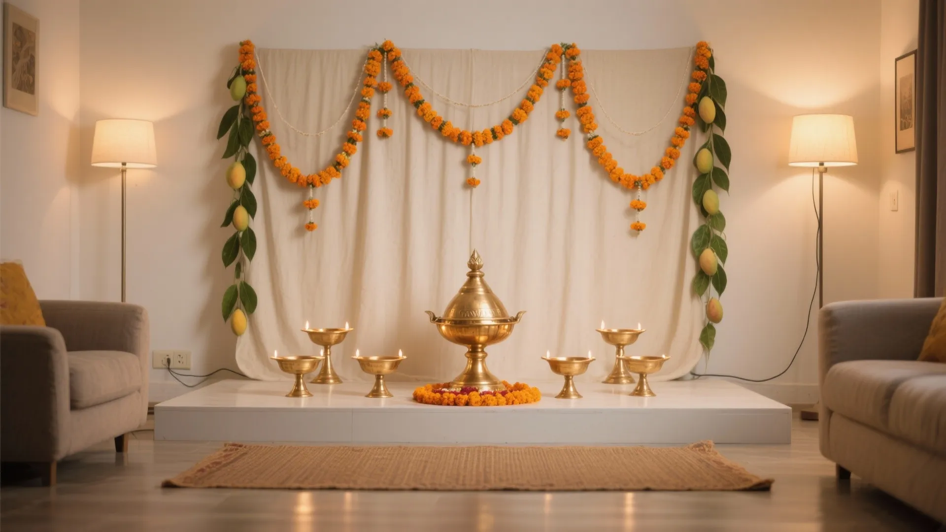 1) Minimal Marigold & Brass Altar Styling