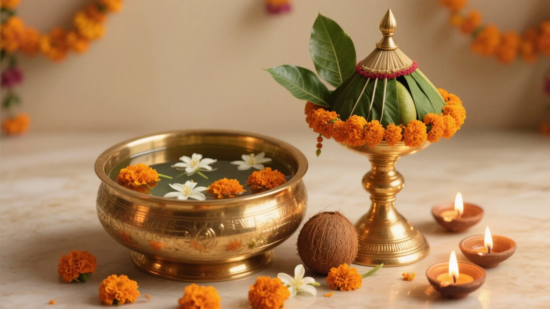 Marigold and brass vignette