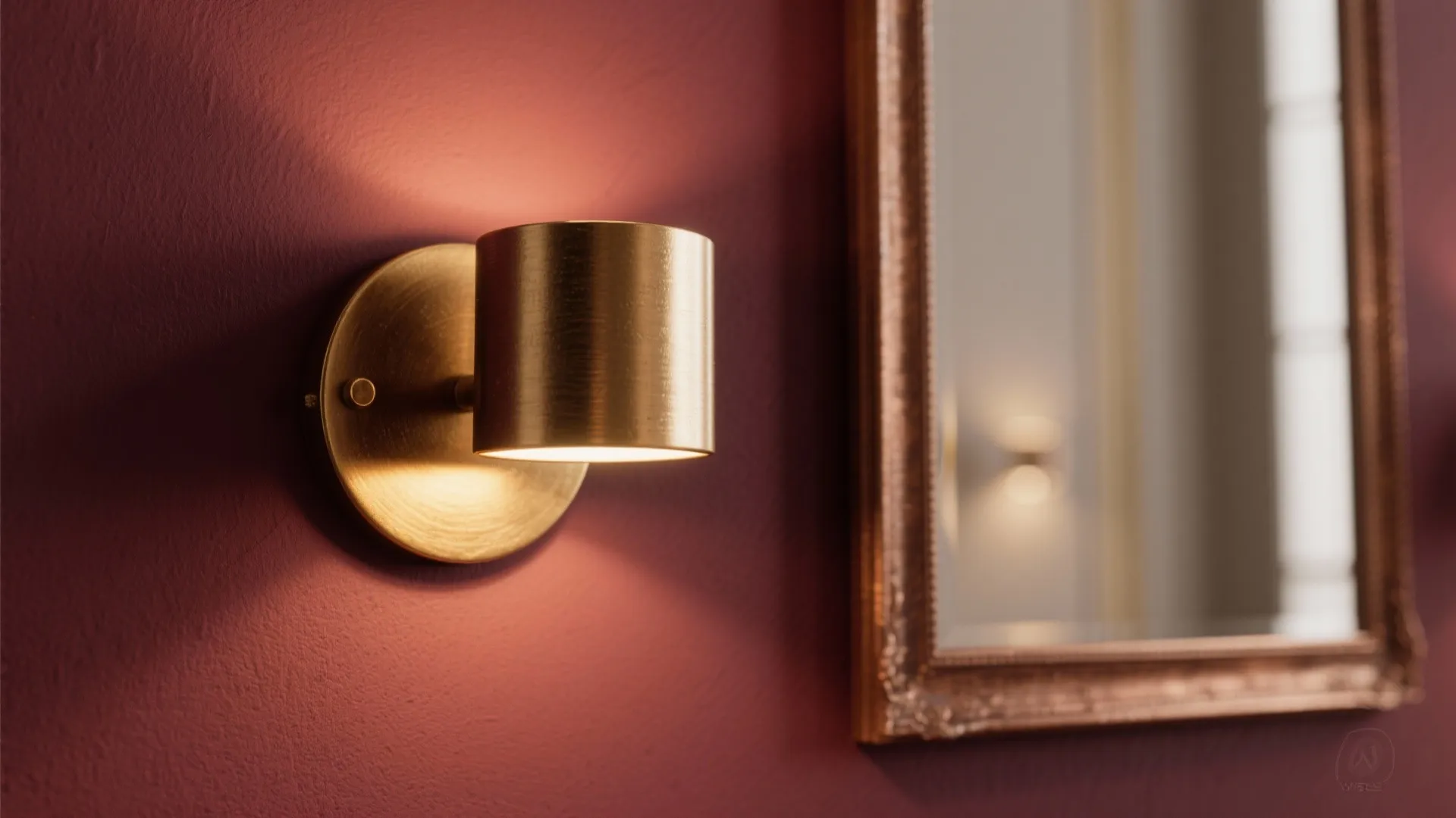 Modern gold wall light on a dark red wall next to a wooden framed mirror