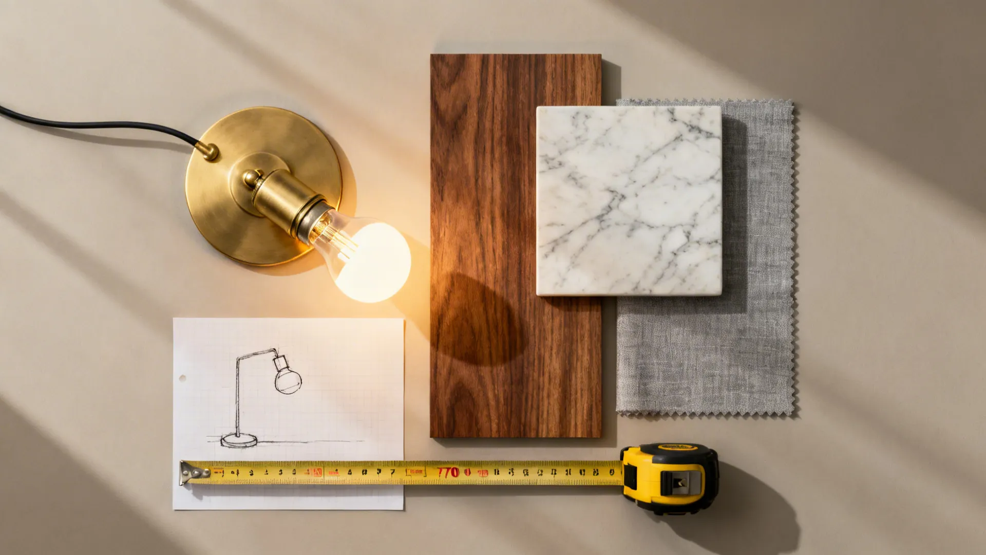 Flatlay of brass finish sample, warm LED bulb, wood and marble swatches, and lamp placement sketch.