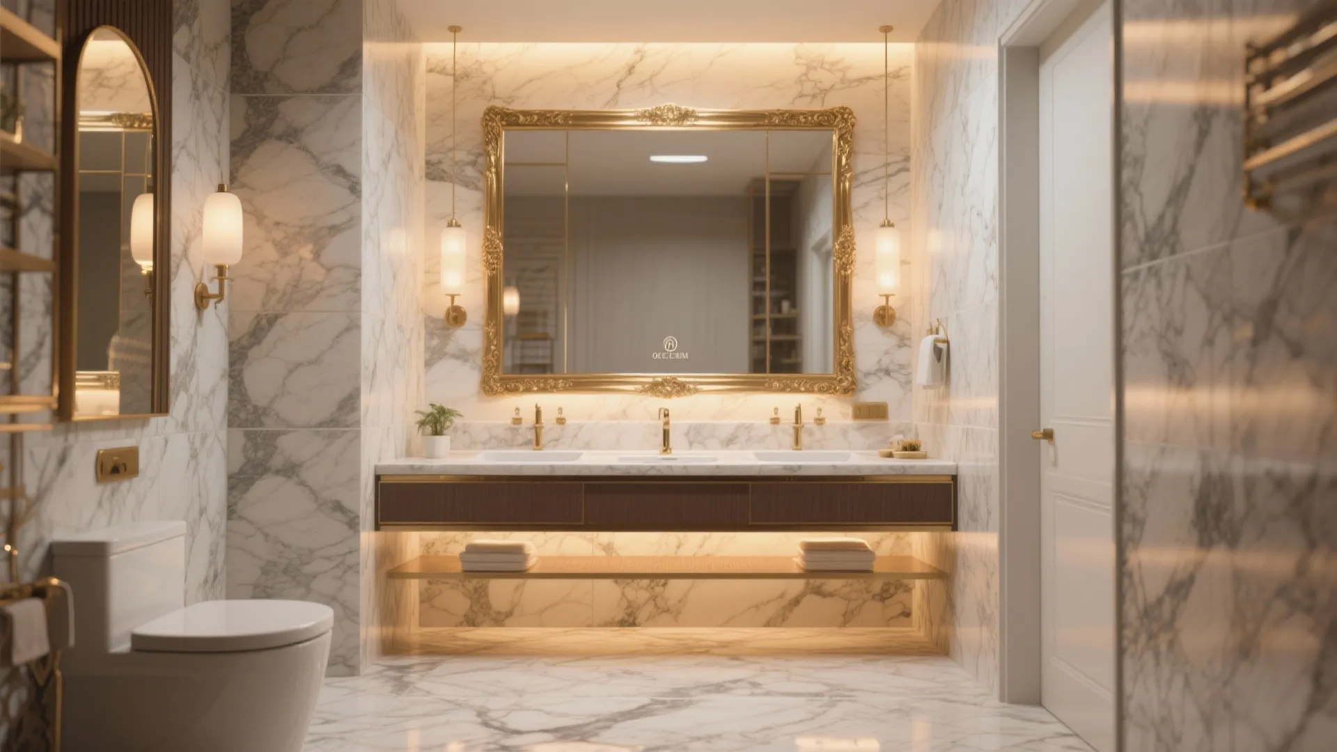Brass framed mirror in bathroom with marble tile backdrop