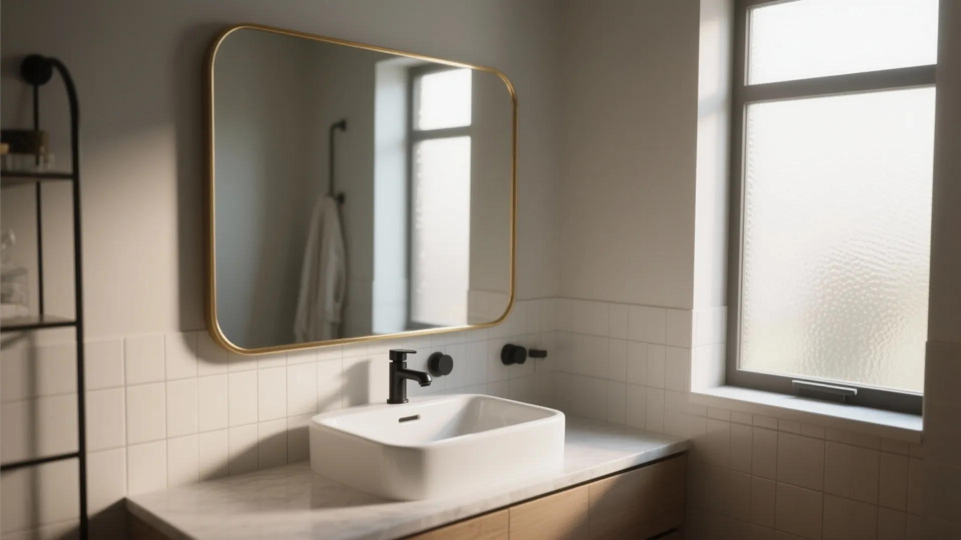 Modern bathroom with white sink brass mirror black faucet marble countertop wooden cabinet and frosted window