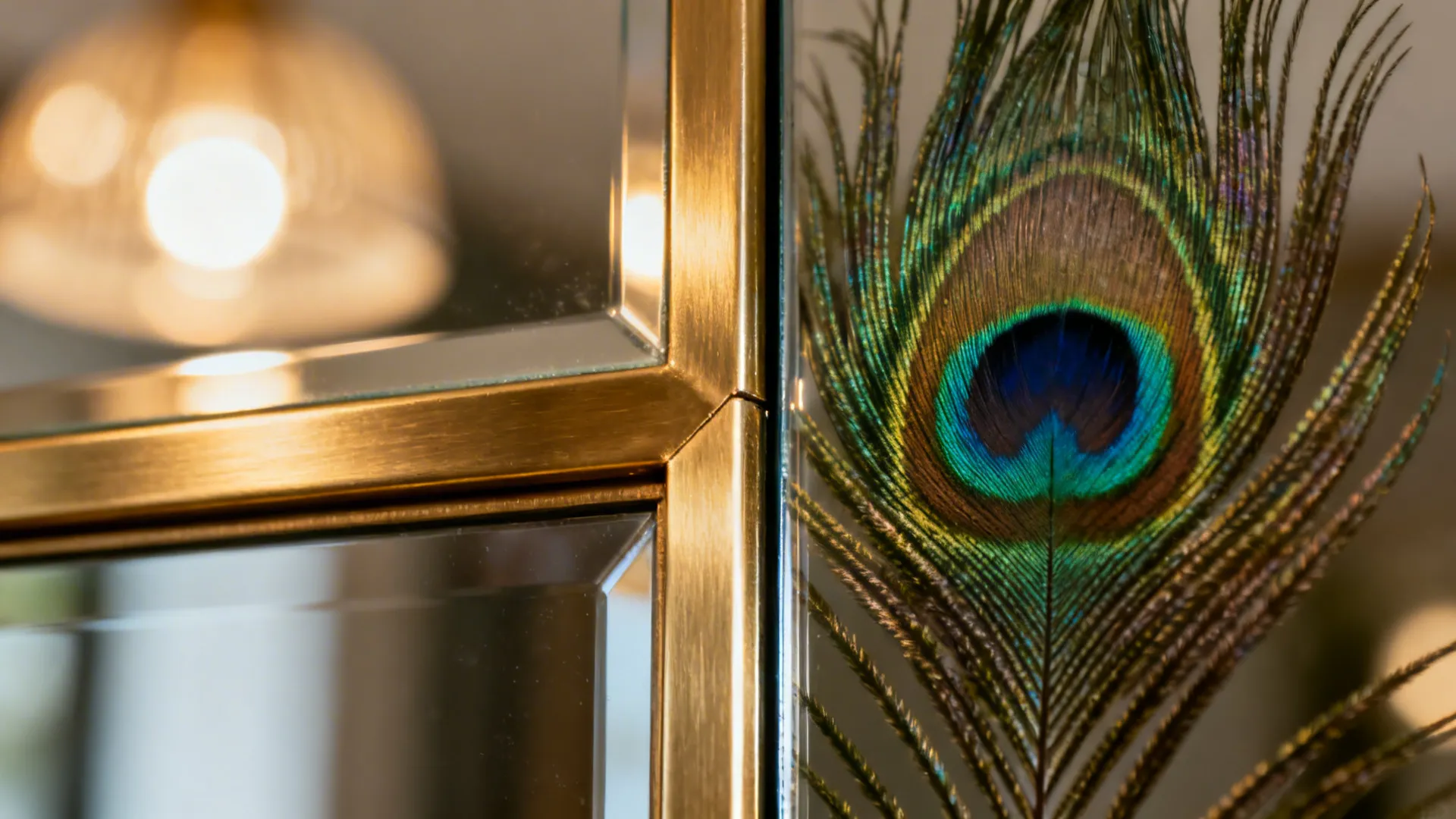 Macro of brushed brass mirror frame with a reflected peacock feather eye-spot.