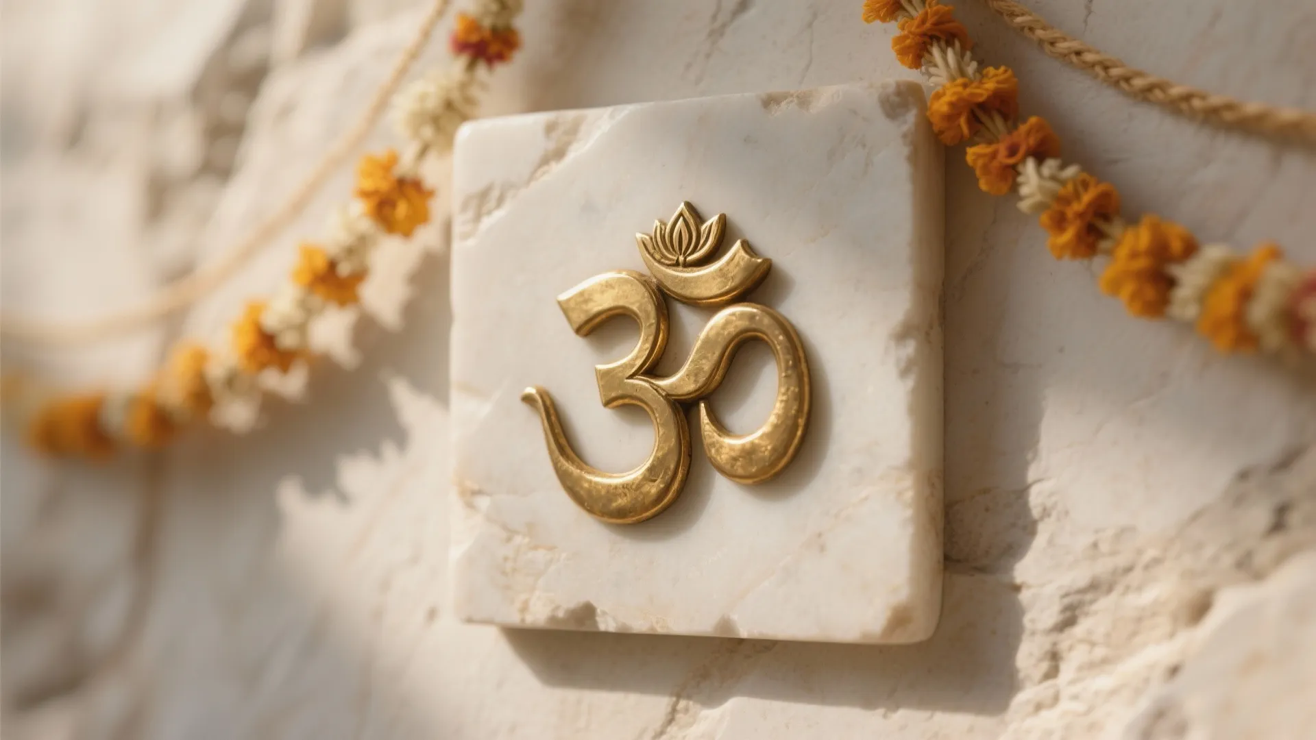 Macro of a brass lotus motif mounted on honed off-white limestone with soft warm light.