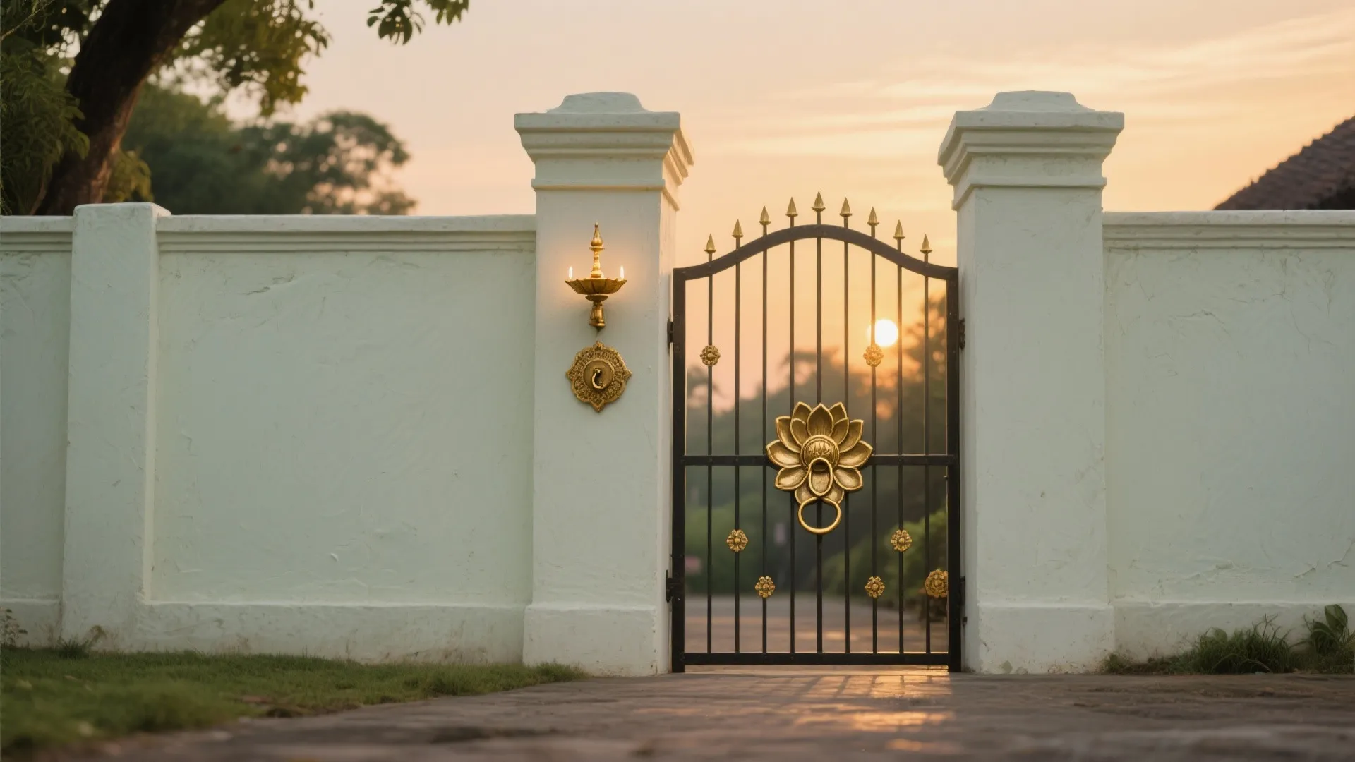 Elegant black iron gate with gold flower decoration set between white concrete walls at sunset