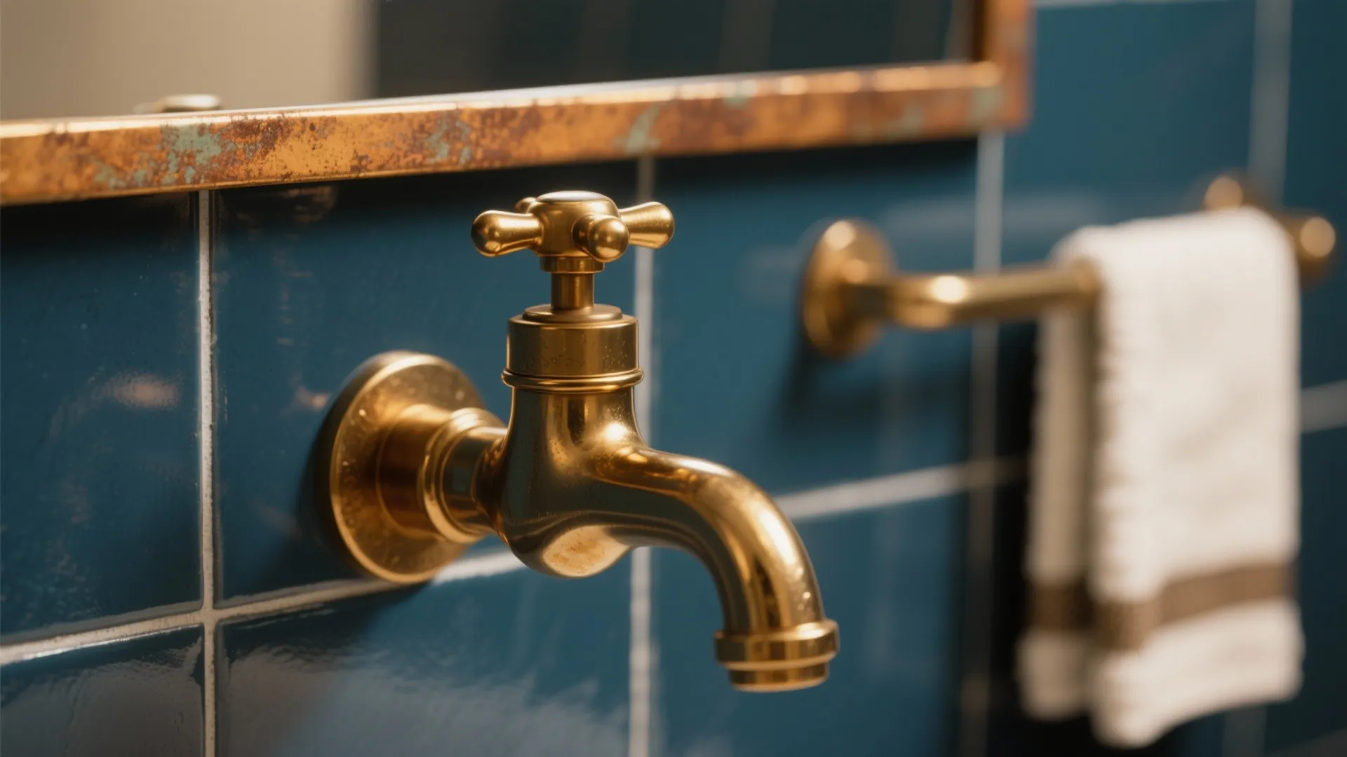 Brass fixtures and mirror edge contrasted with navy tile background in close-up.