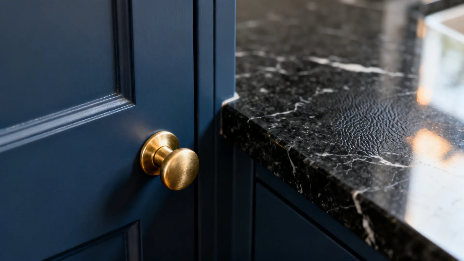 Macro of brushed brass pull on navy cabinet beside leathered black granite.