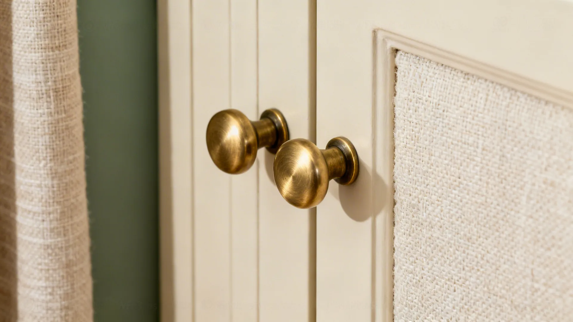 Brushed brass hardware on cream cabinetry with linen curtains and a sage wall background.