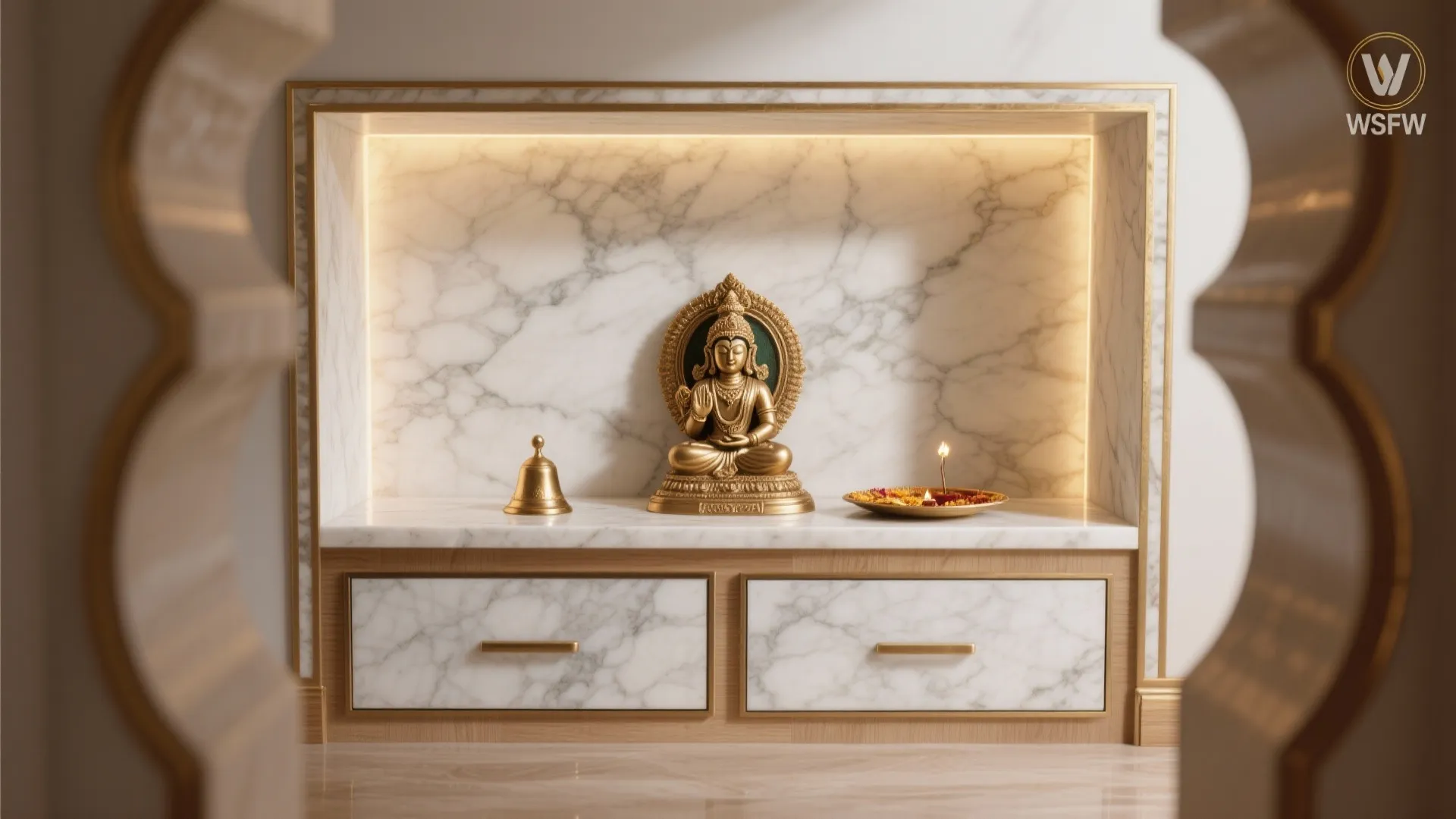 Marble and Brass Traditional Niche with Discreet Storage