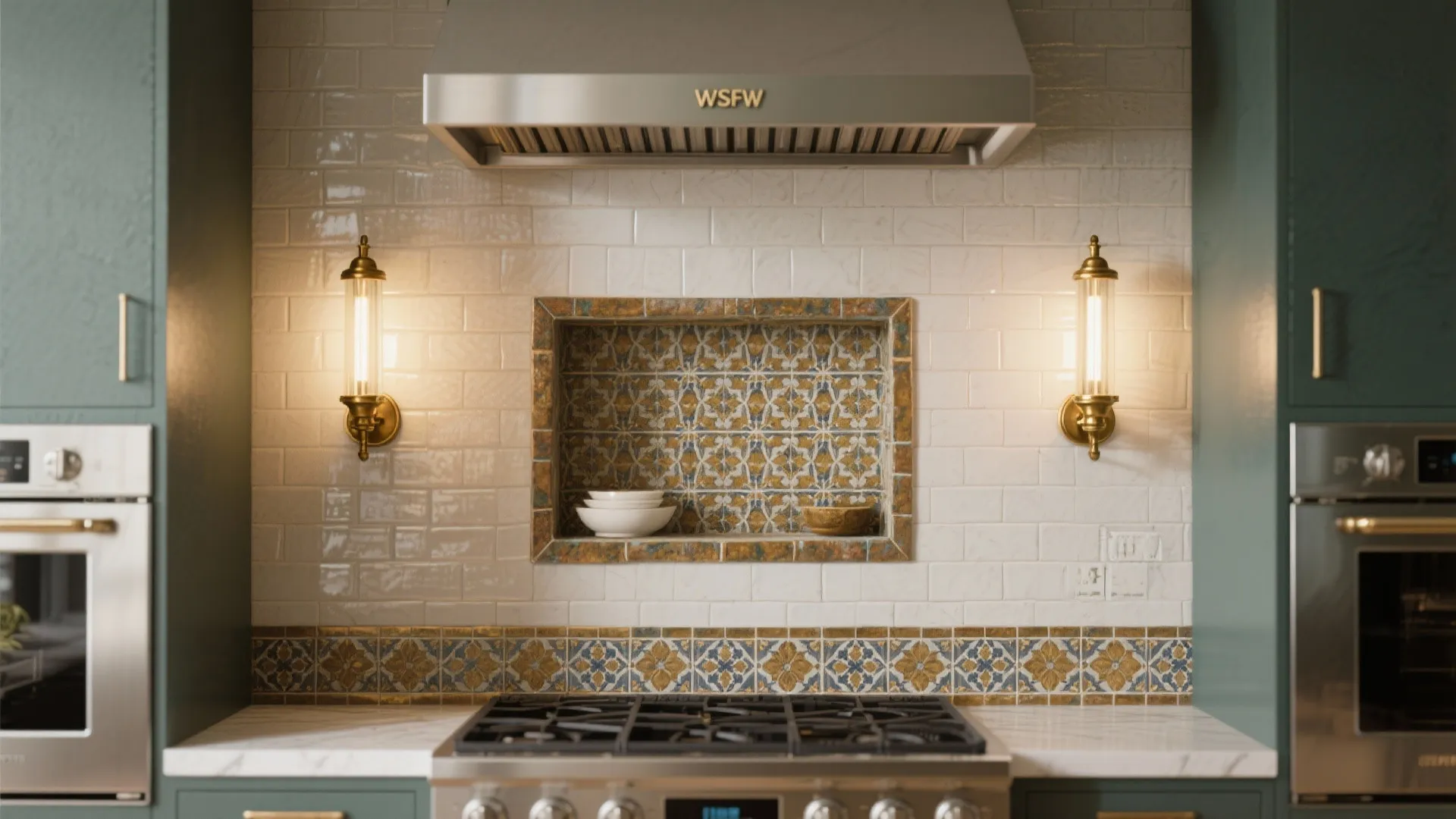 Antique Brass Wall Lights Framing a Backsplash Niche