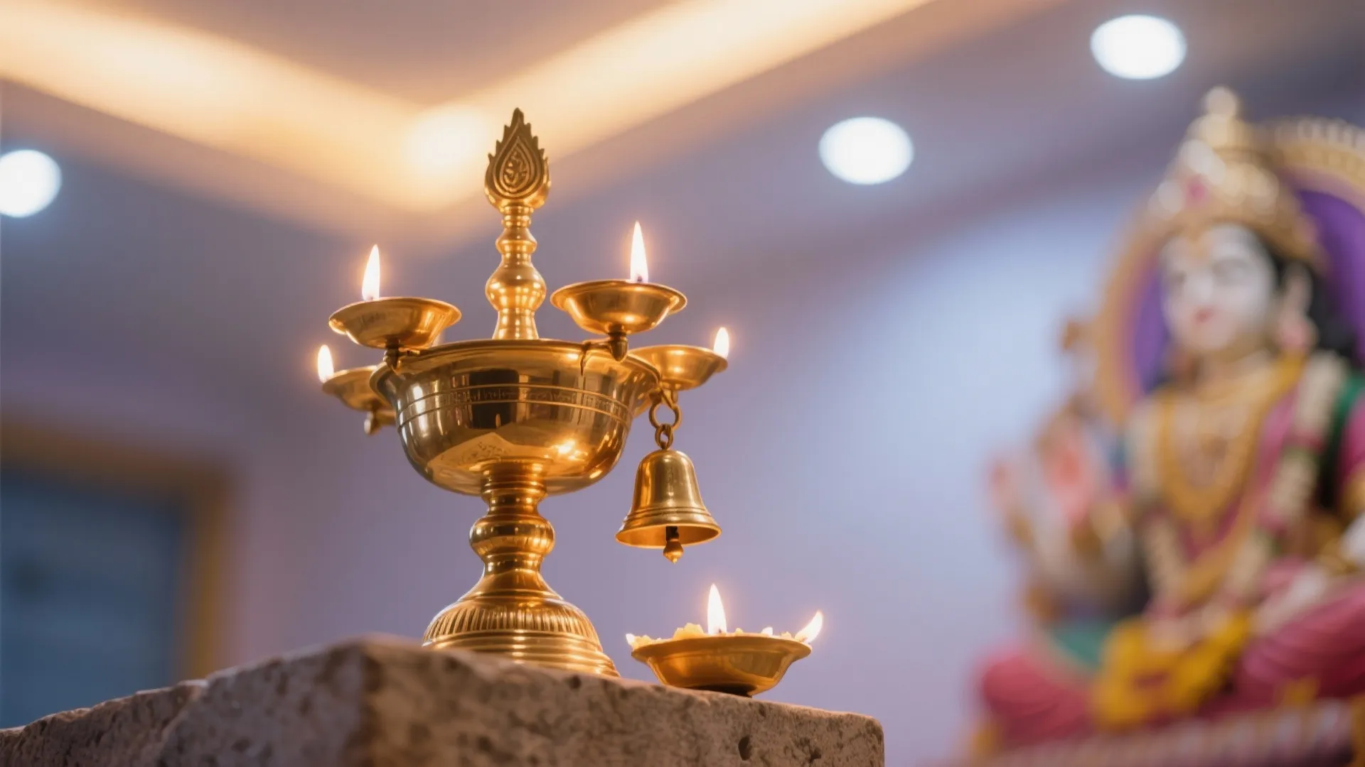 Brass Accents, Nilavilakku, and Warm Lighting