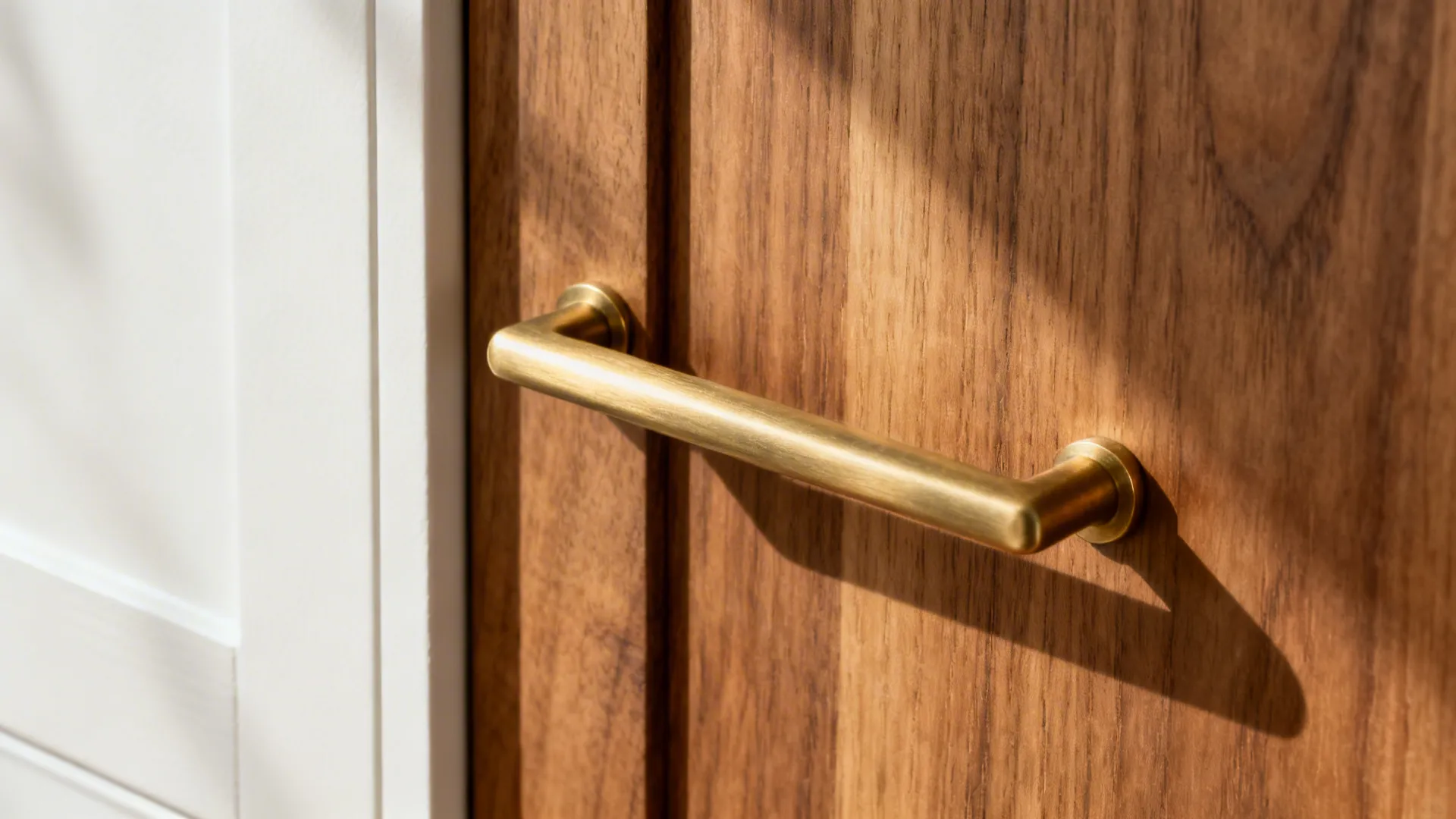 Close-up of brushed brass pull on warm oak next to soft white cabinet panel.