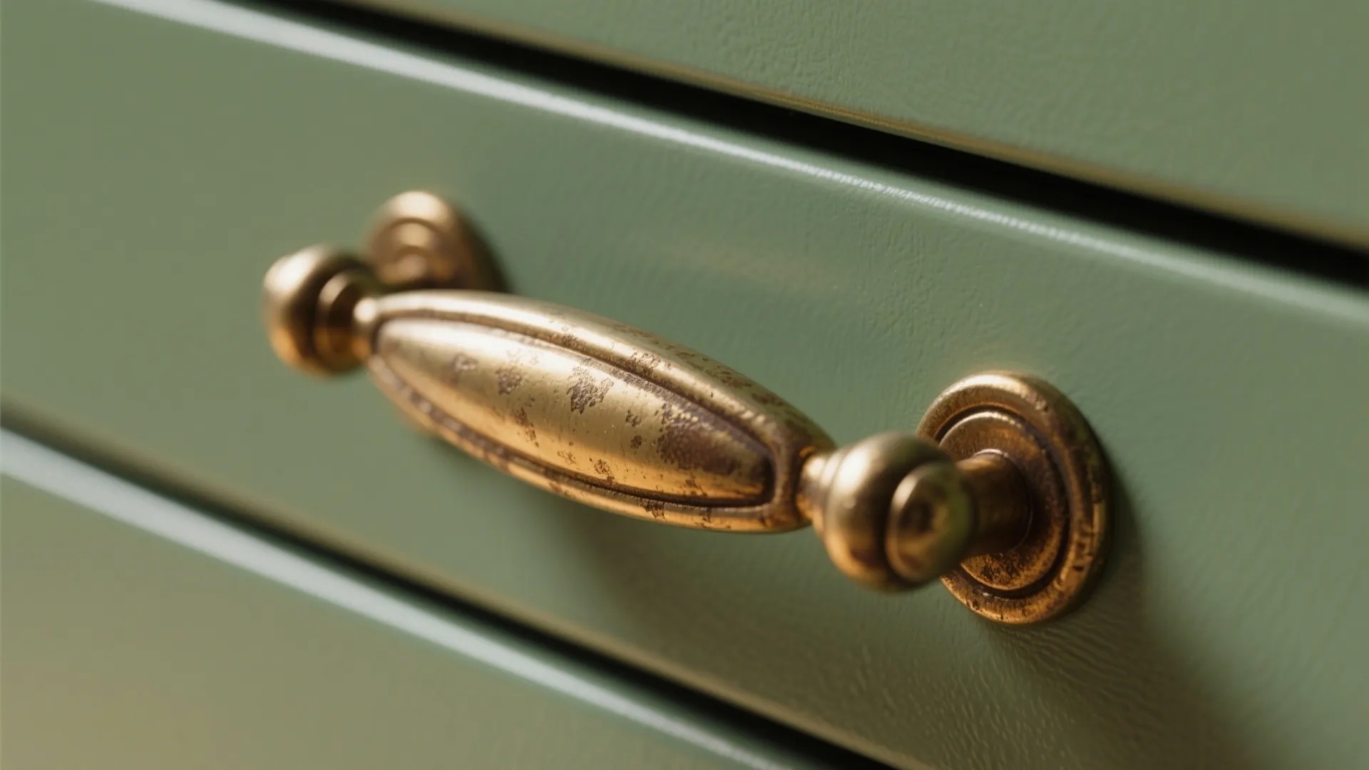 4. Brass hardware and green cabinetry pairing