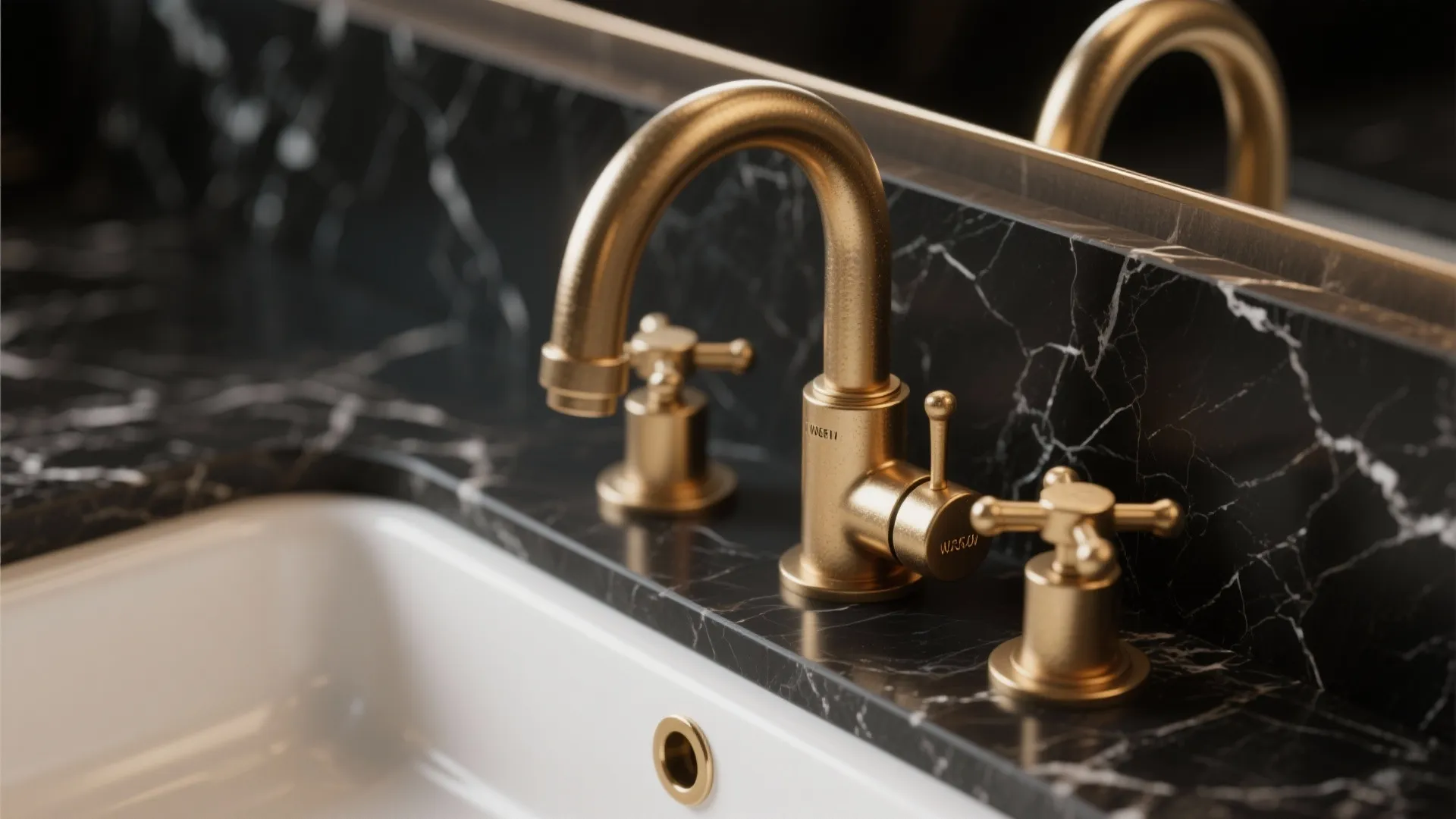 Gold water tap and handles on a black marble sink counter in a modern bathroom