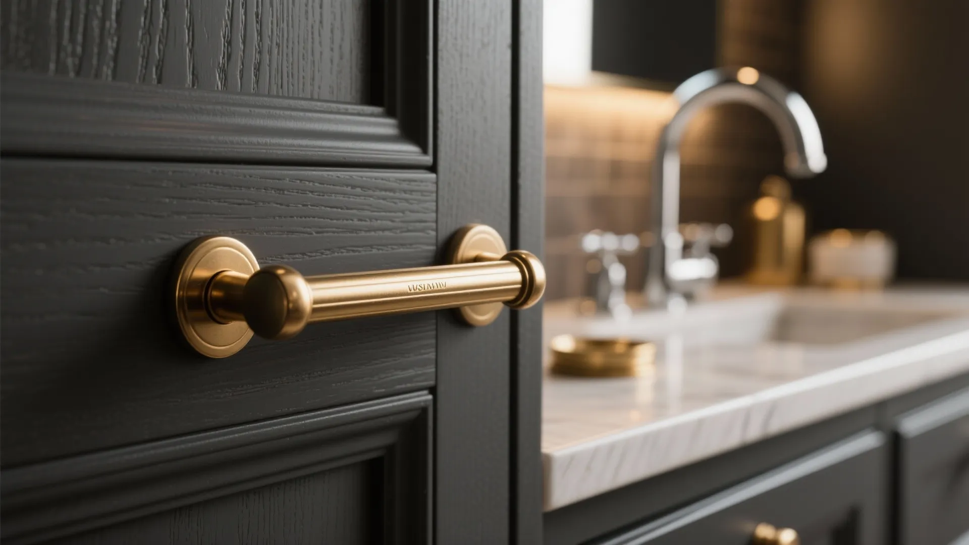 Close up of gold door handle on black wooden cabinet with blurred bathroom sink background