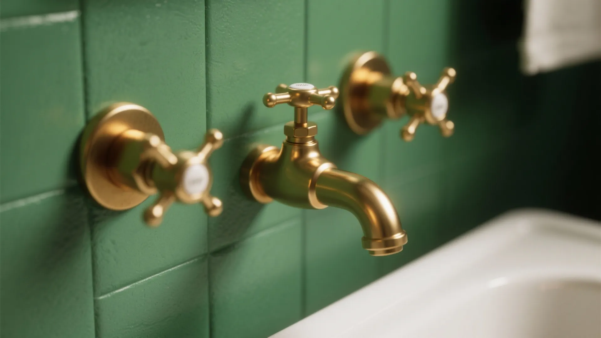 Close-up of gold water taps mounted on green wall tiles above a white bathroom sink