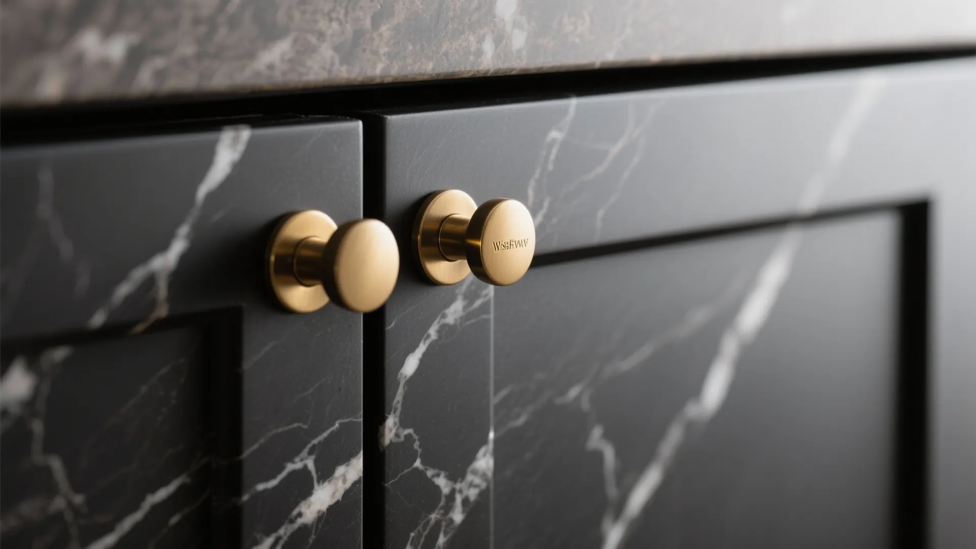 Two round gold metal handles on dark black marble kitchen cabinet doors with white vein patterns