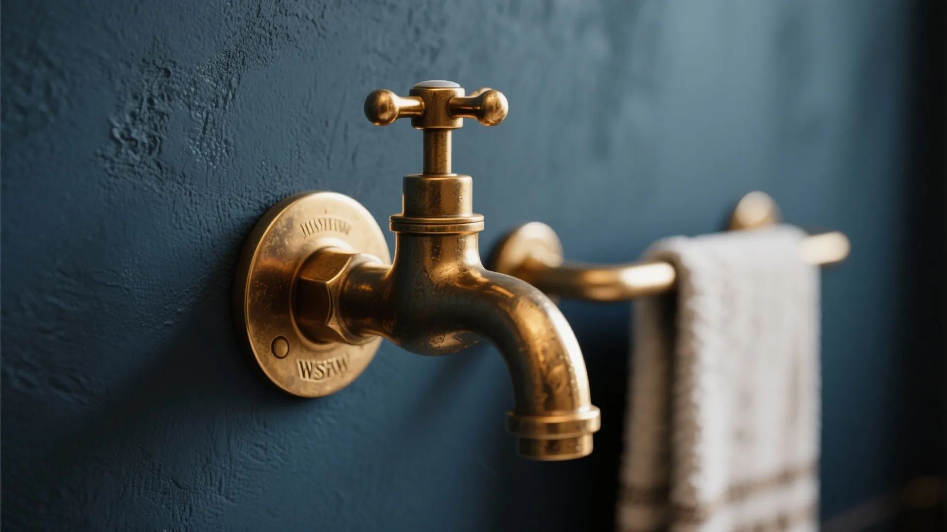 Close up view of a gold water tap on navy blue wall with white hand towel