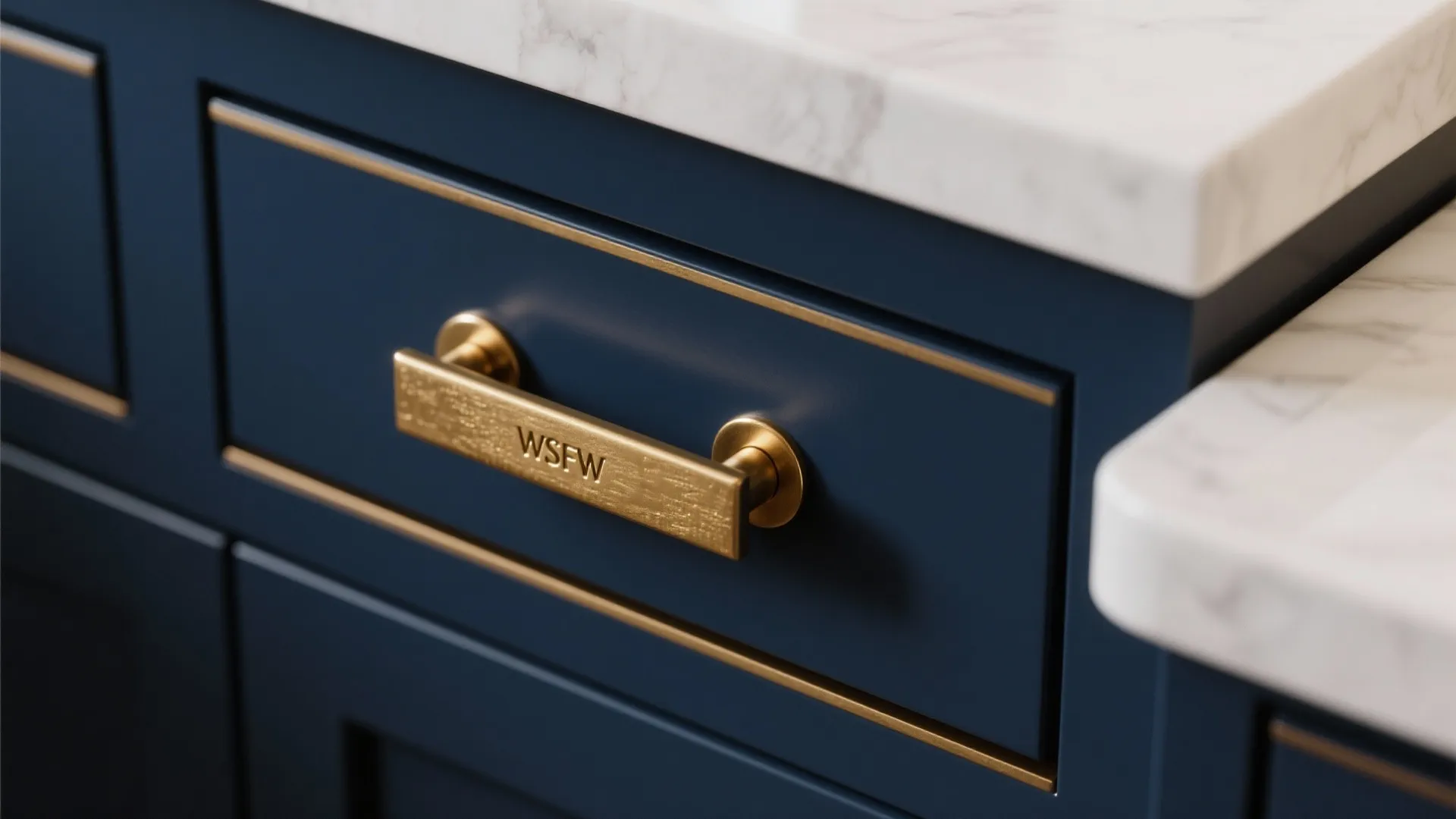 5. Brass hardware and white countertops