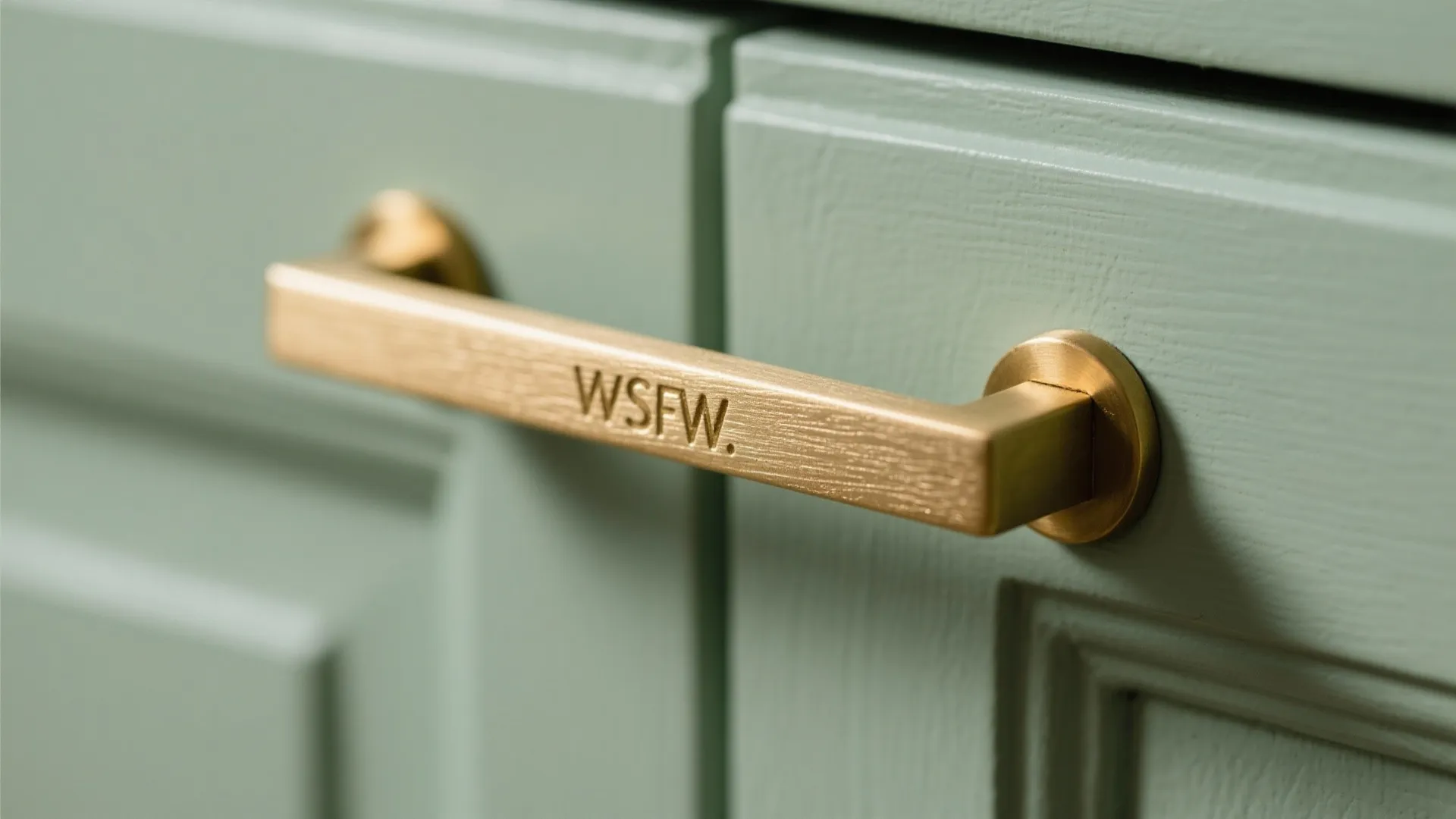 Gold metal handle on sage green kitchen cabinet doors featuring simple design and textured wood