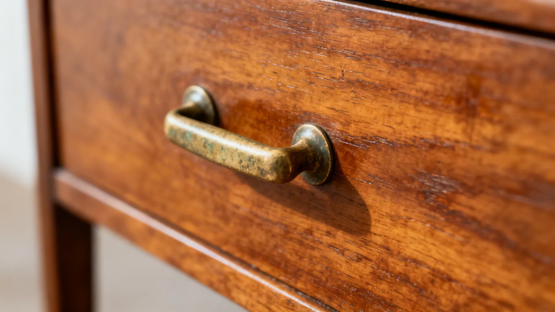 Macro view of a patinated brass handle on a warm teak cabinet with visible grain.