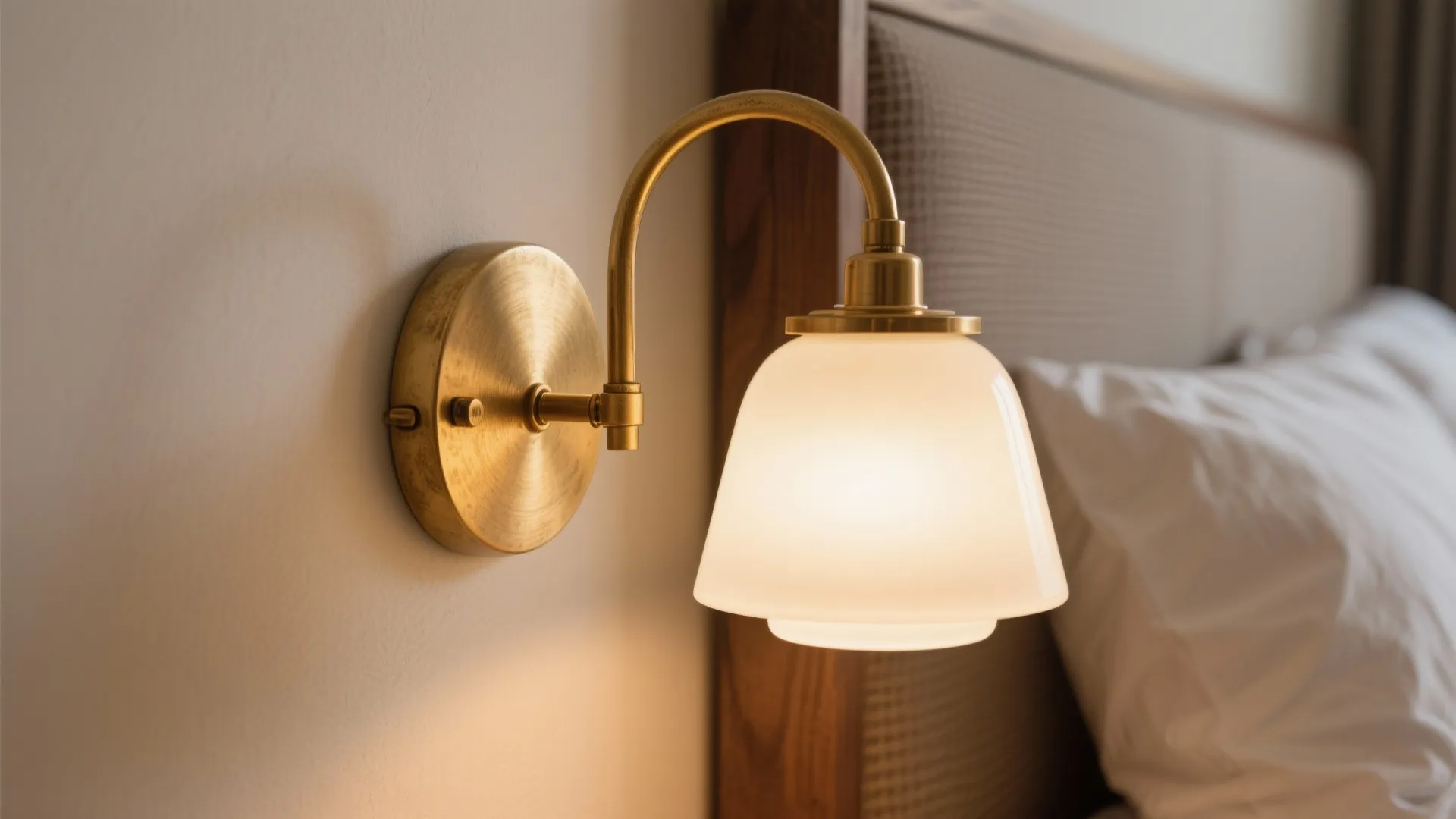 Warm brass sconce with opal glass diffuser glowing softly beside a headboard.
